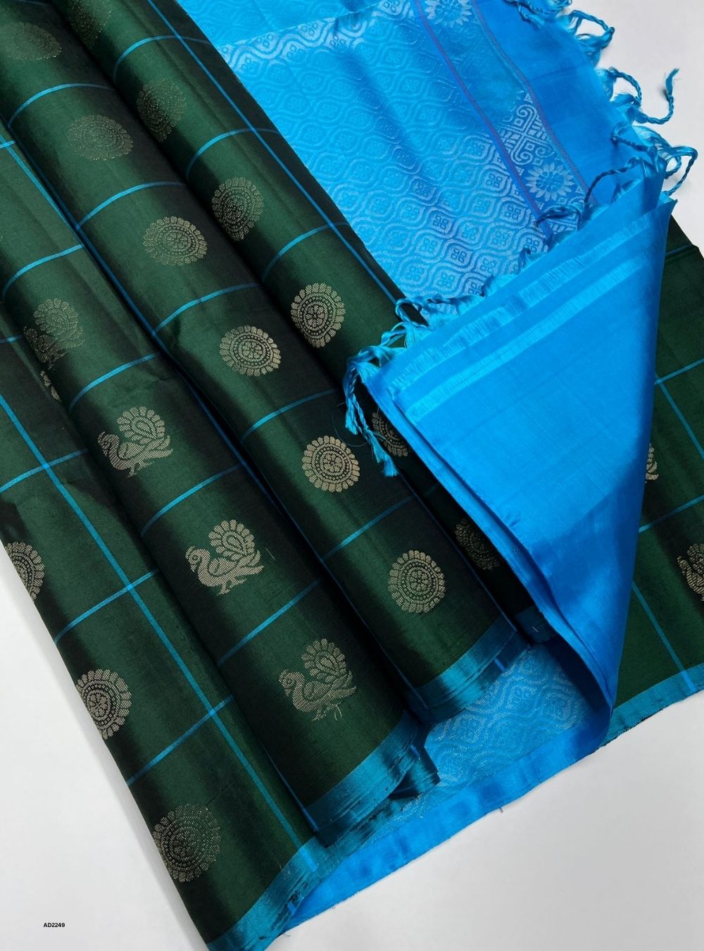 Bottle Green & Sky Blue - Soft Silk Saree