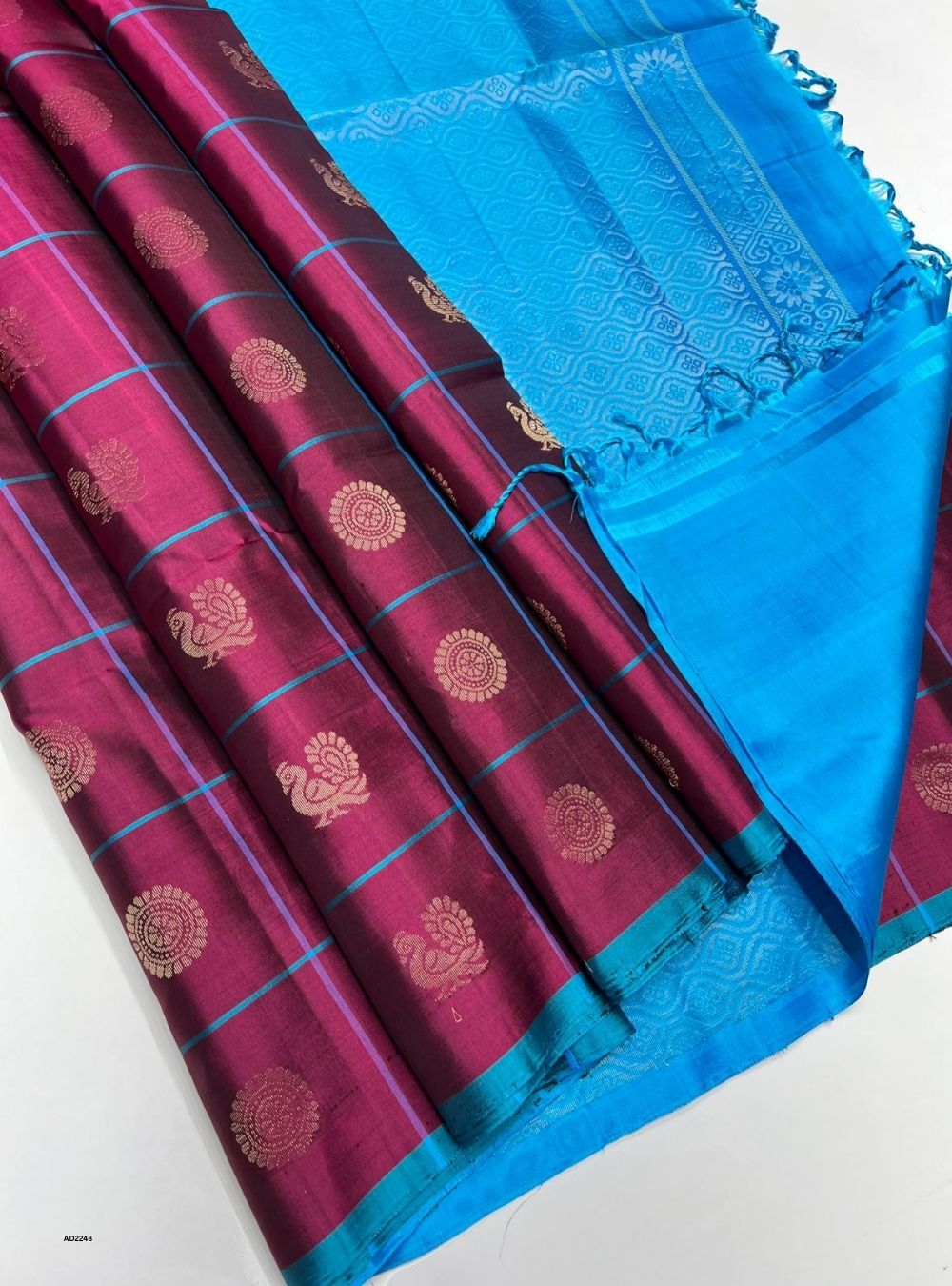 Wine & Sky Blue - Soft Silk Saree