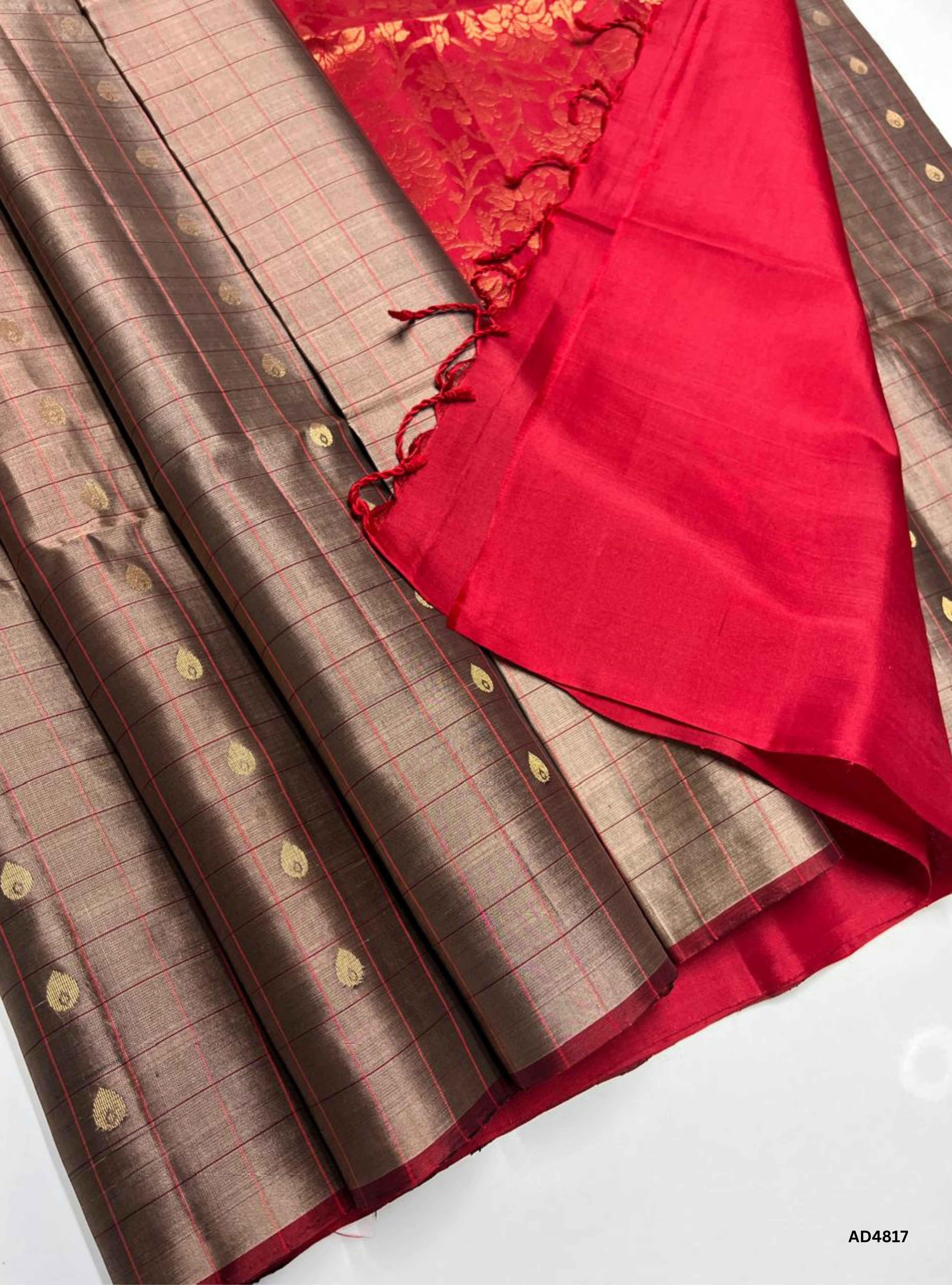 Stone Grey & Red - Checkerd Soft Silk Saree