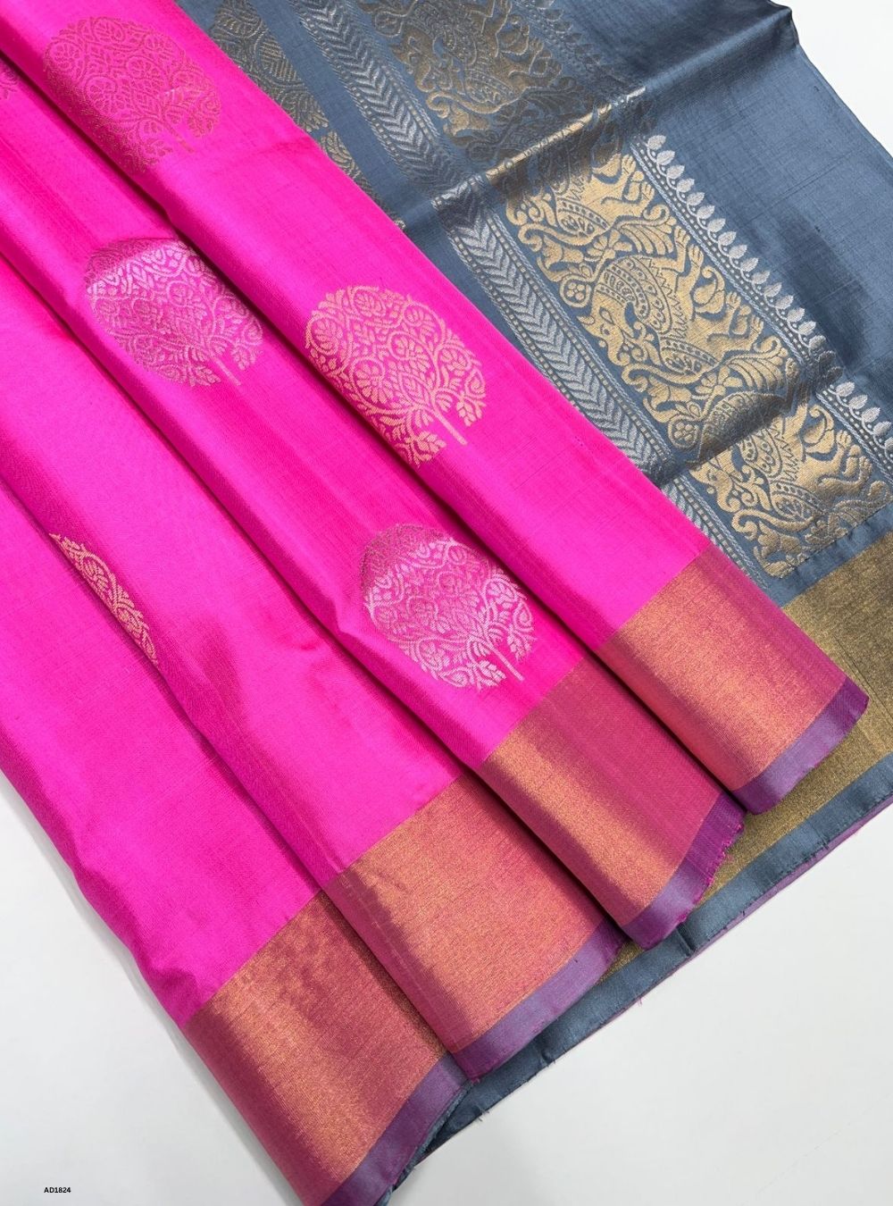 Candy Pink & Grey - Soft Silk Saree