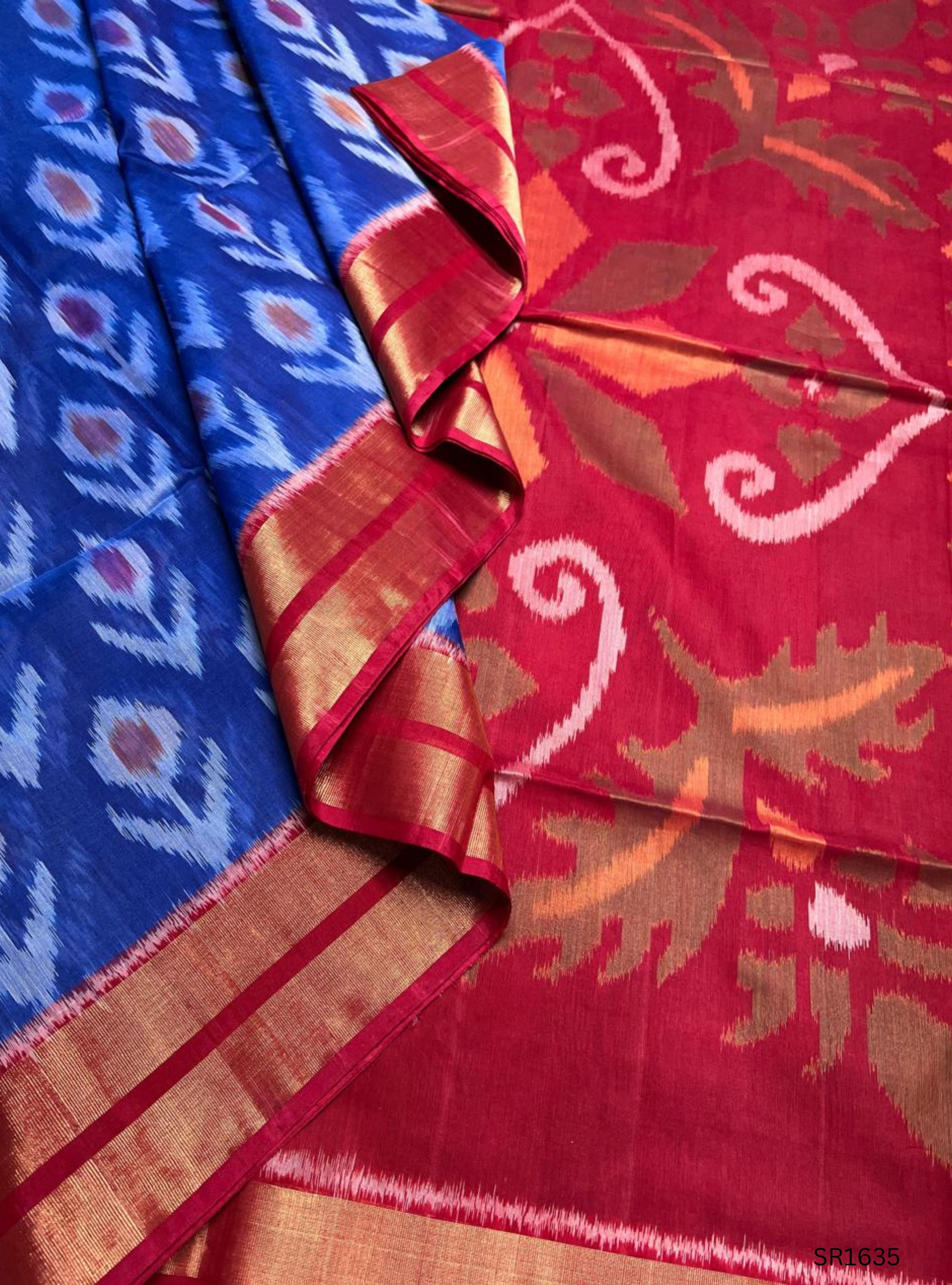 Blue , White & Red - Ikkat Kora Cotton Saree