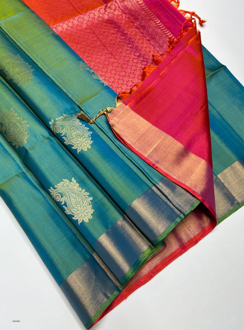 Green & Orangish Pink - Soft Silk Saree