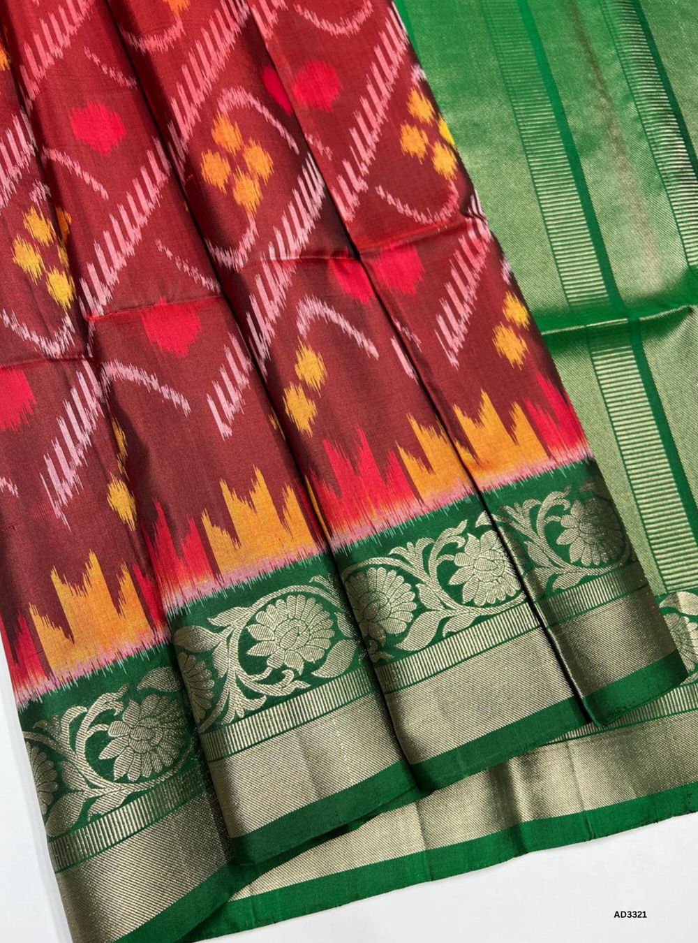 Brick Red & Green - Soft Silk Saree