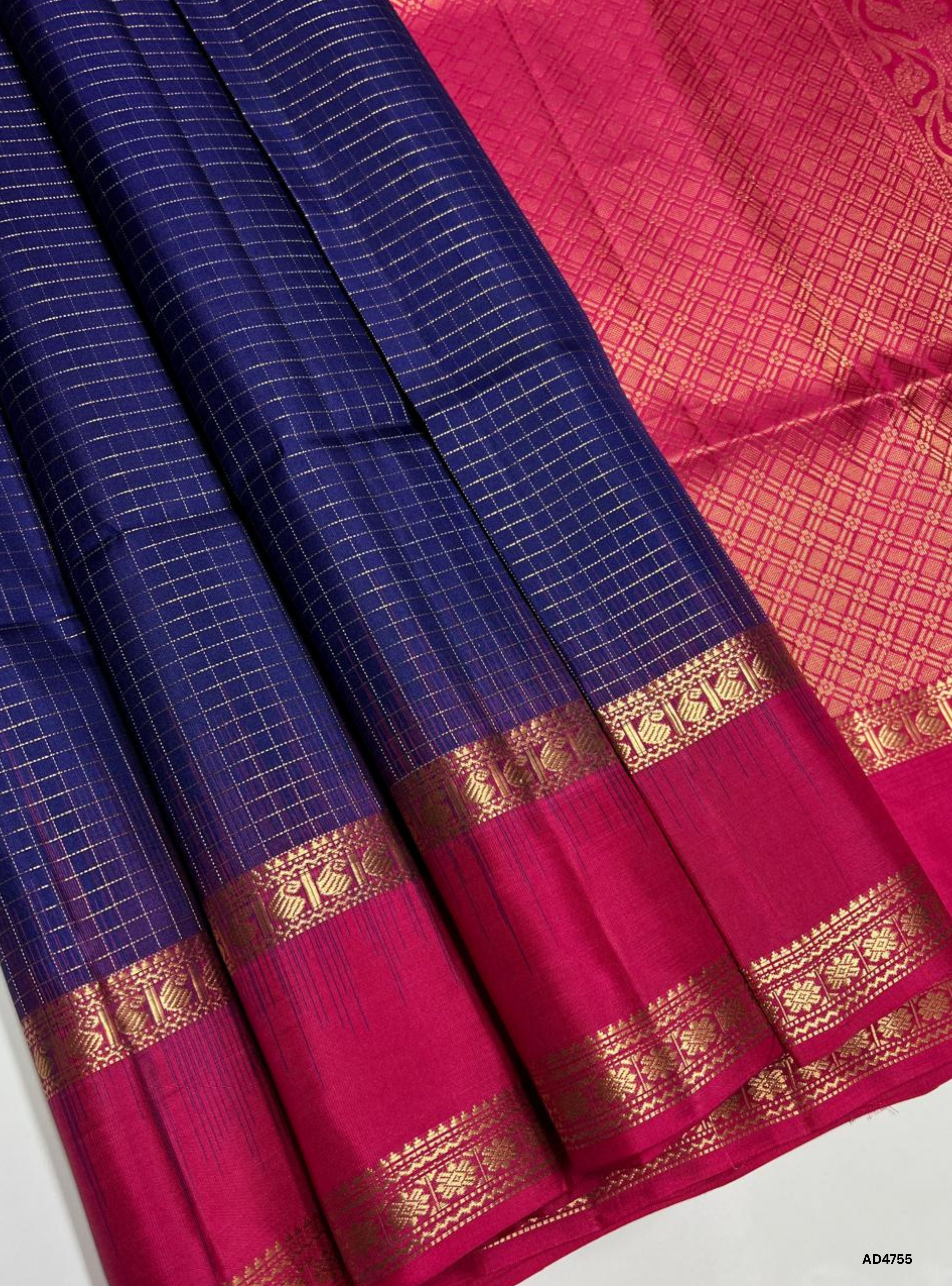 Ink Blue & Pink - Checkerd Retta Pet Soft Silk Saree