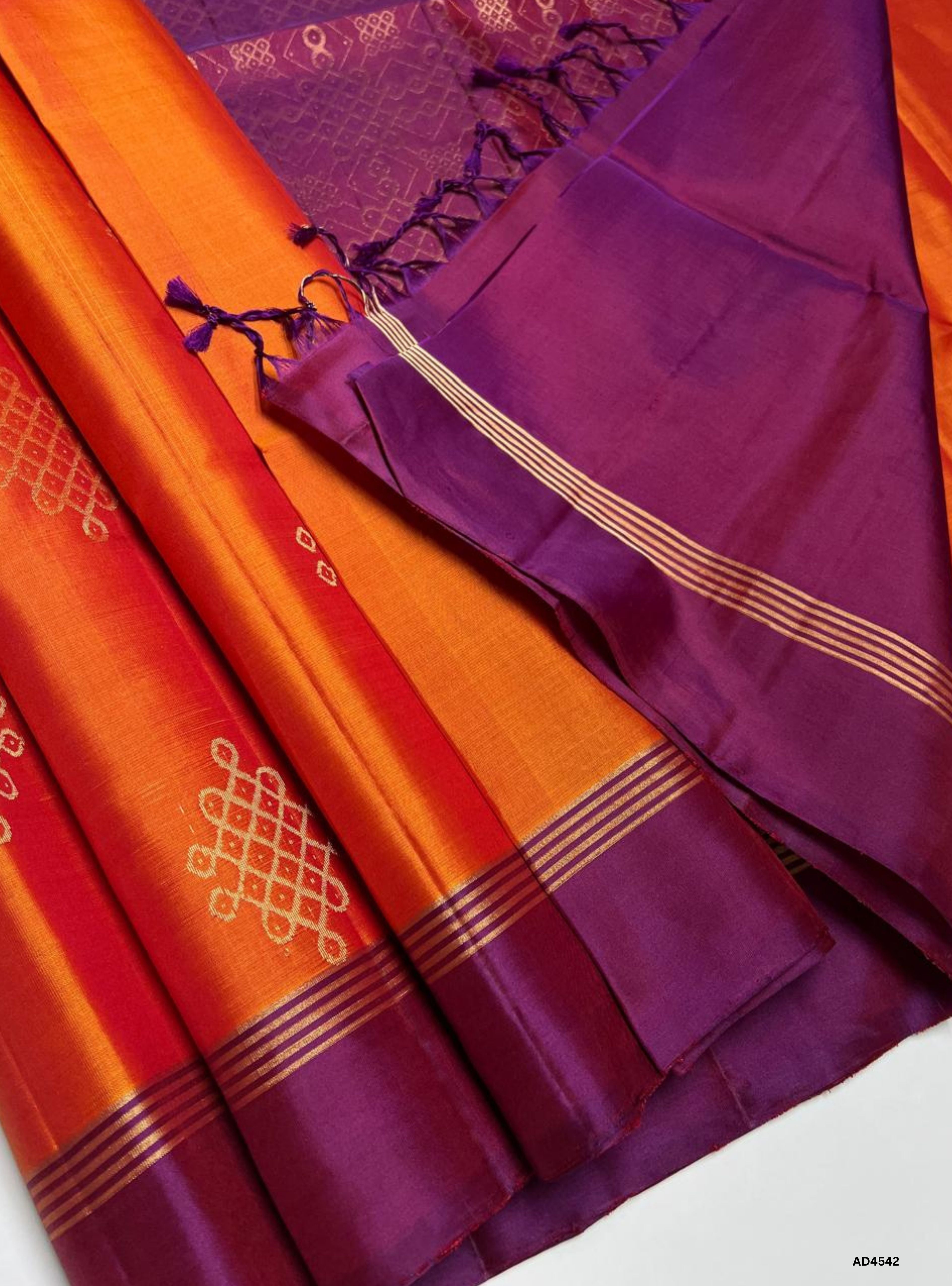 Orange & Dual Tone Maroon - Kolam Soft Silk Saree
