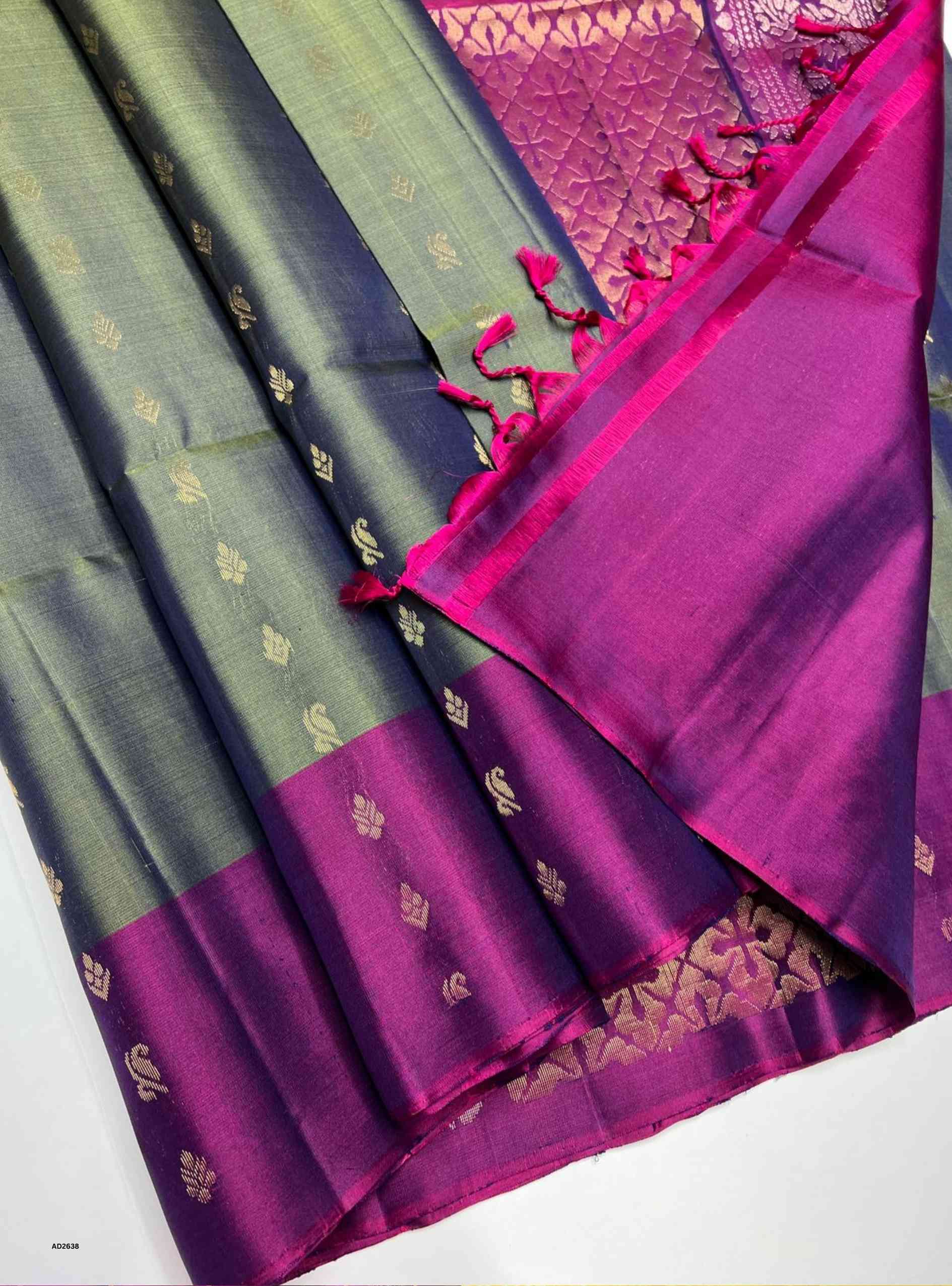 Dark Olive Green & Raspberry - Soft Silk Saree