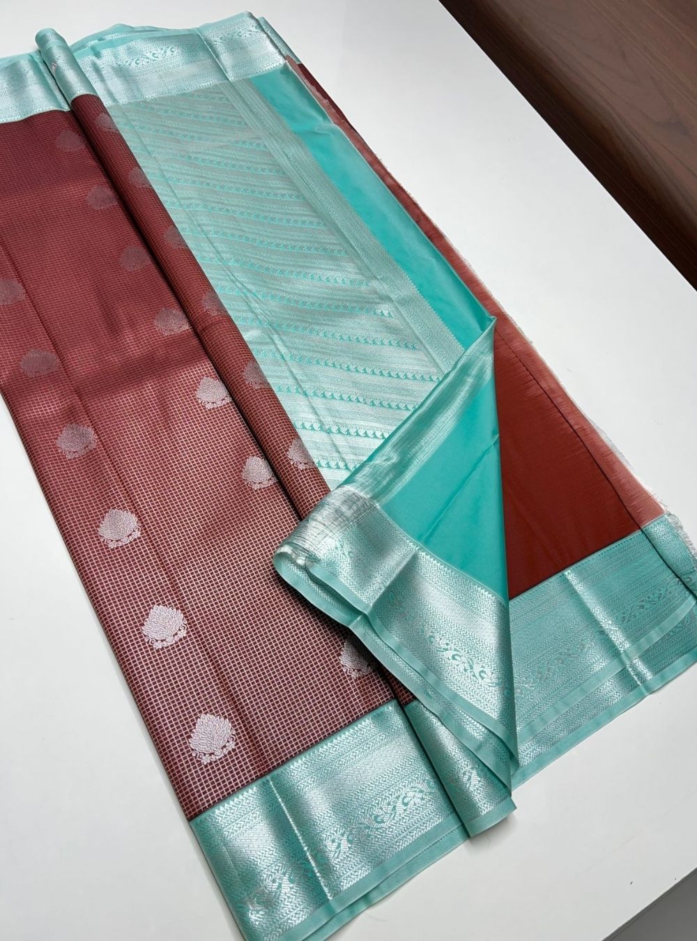 Brown & Ice Blue - Vegan Silk Saree