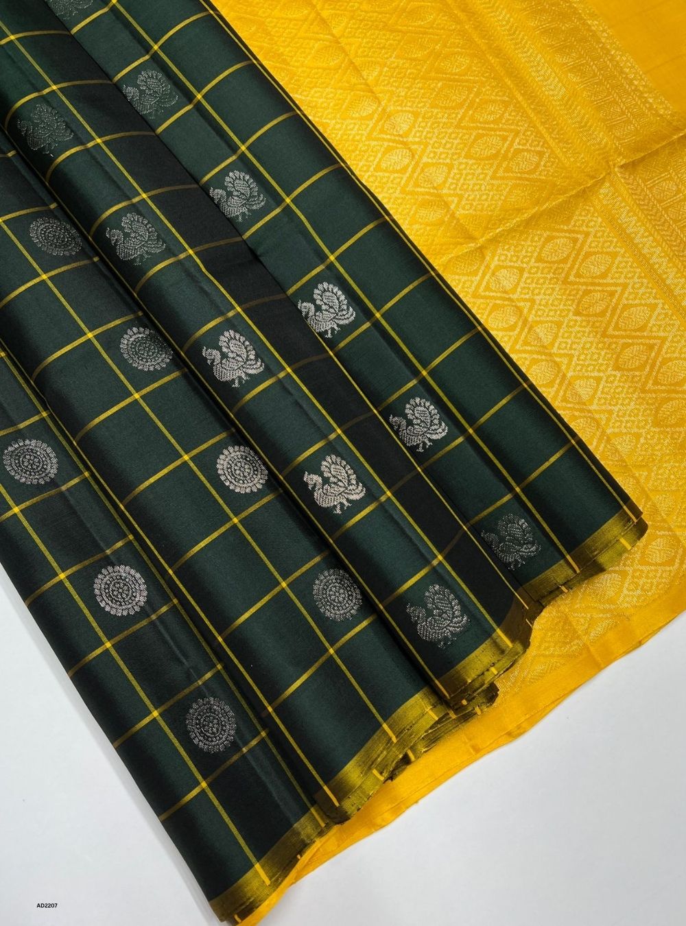 Bottle Green & Yellow - Soft Silk Saree