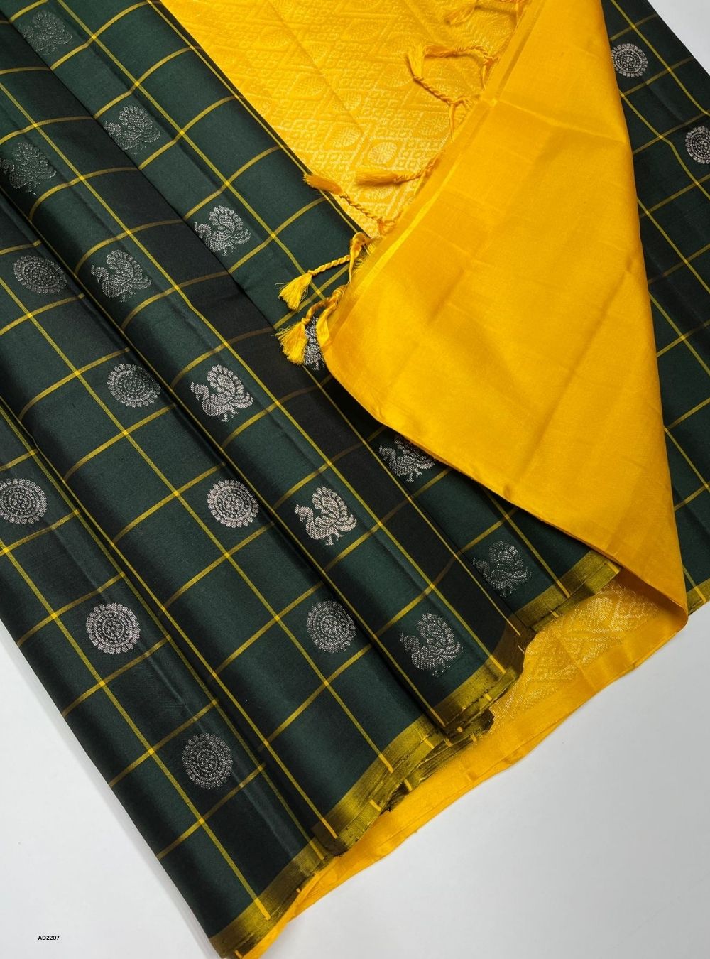 Bottle Green & Yellow - Soft Silk Saree