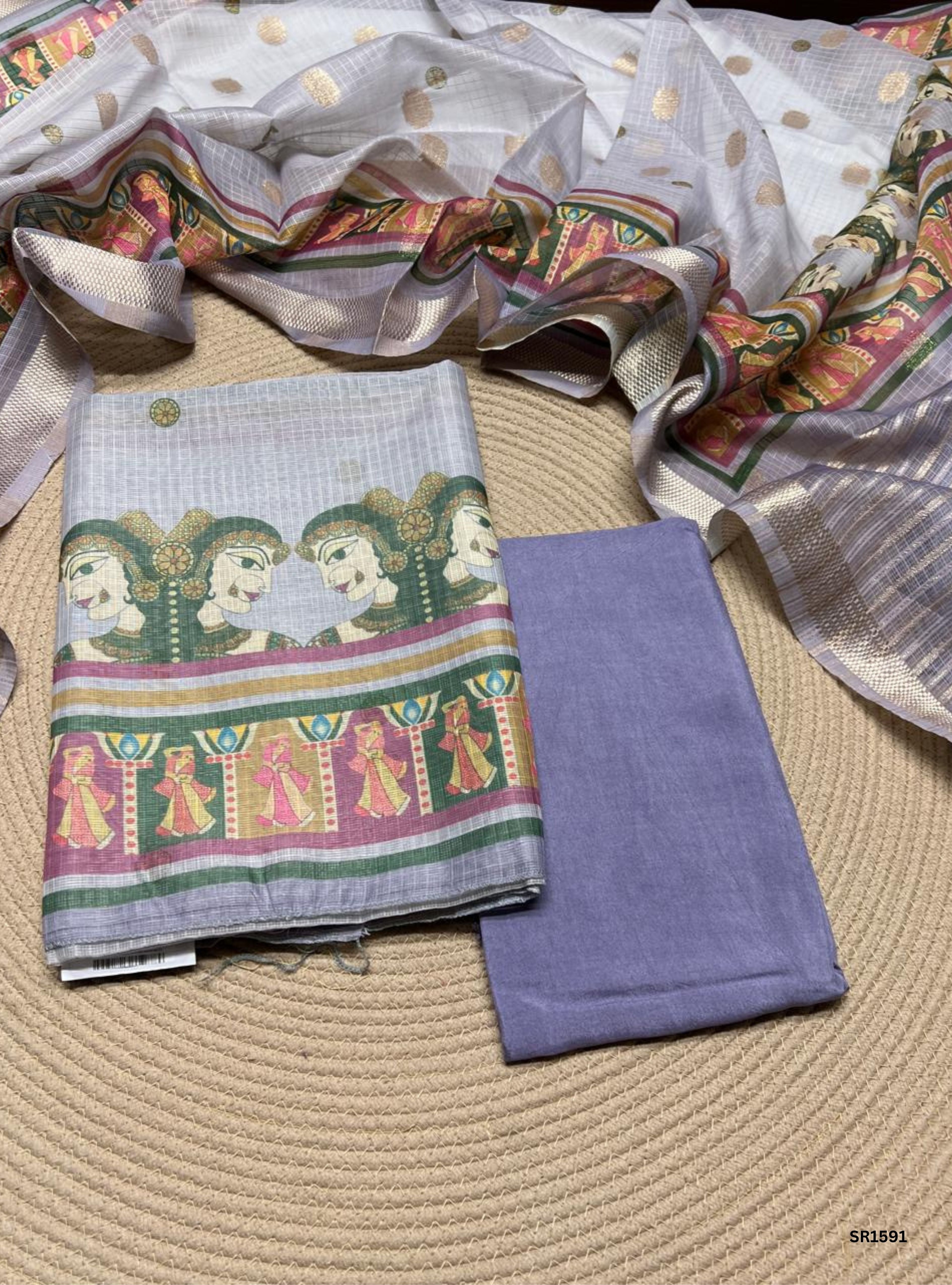 Blue - Kota Cotton Unstiched Suit 3 Pc Set