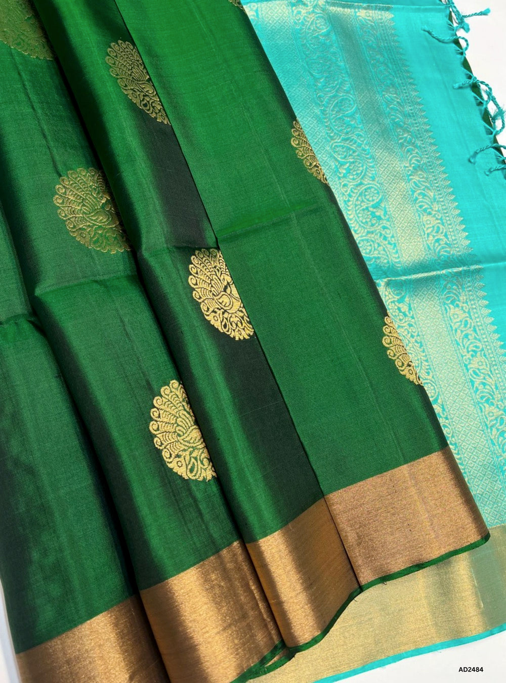 Bottle Green & Aqua - Soft Silk Saree