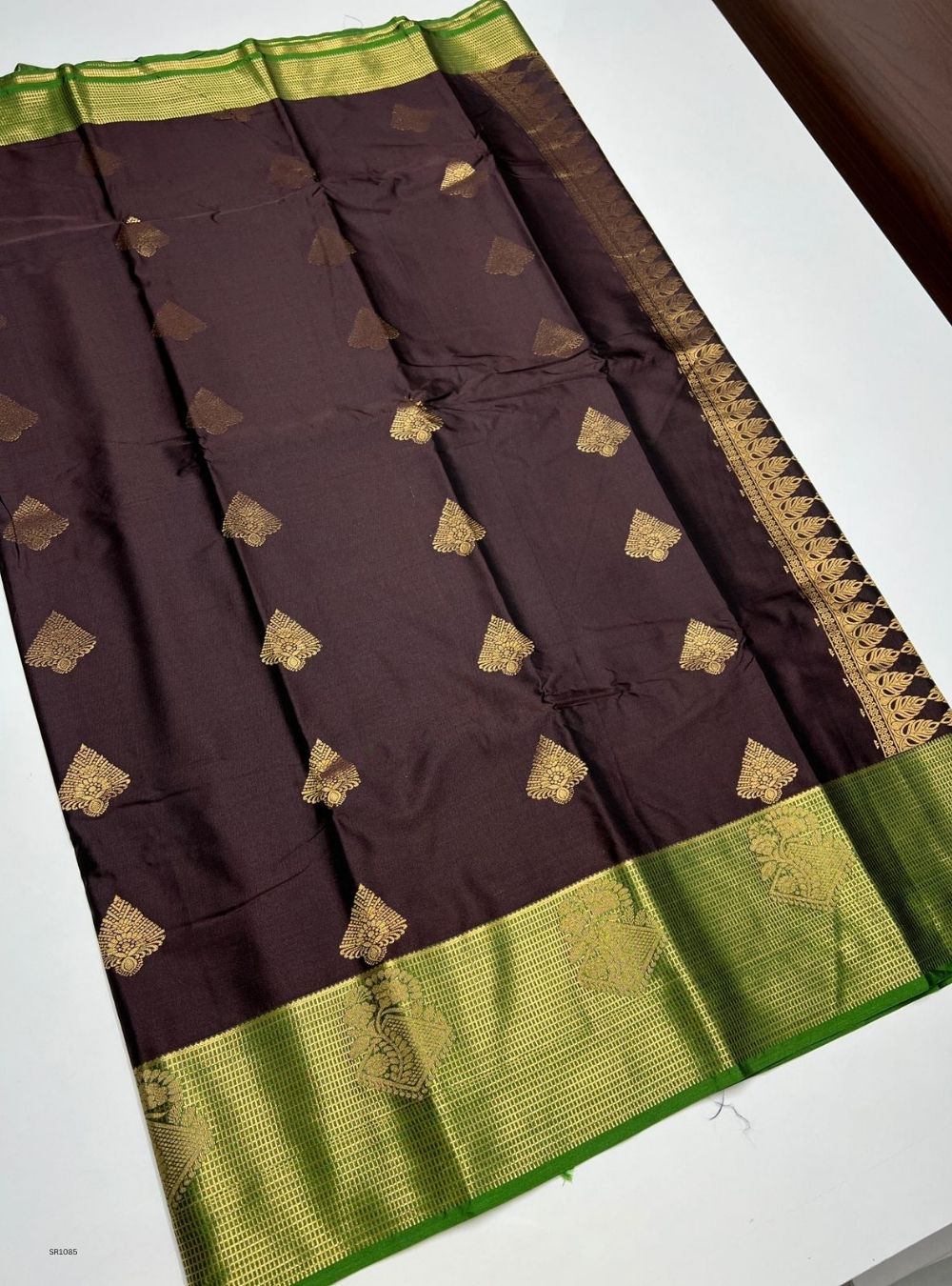 Dark Coffee Brown & Green - Semi Silk Saree