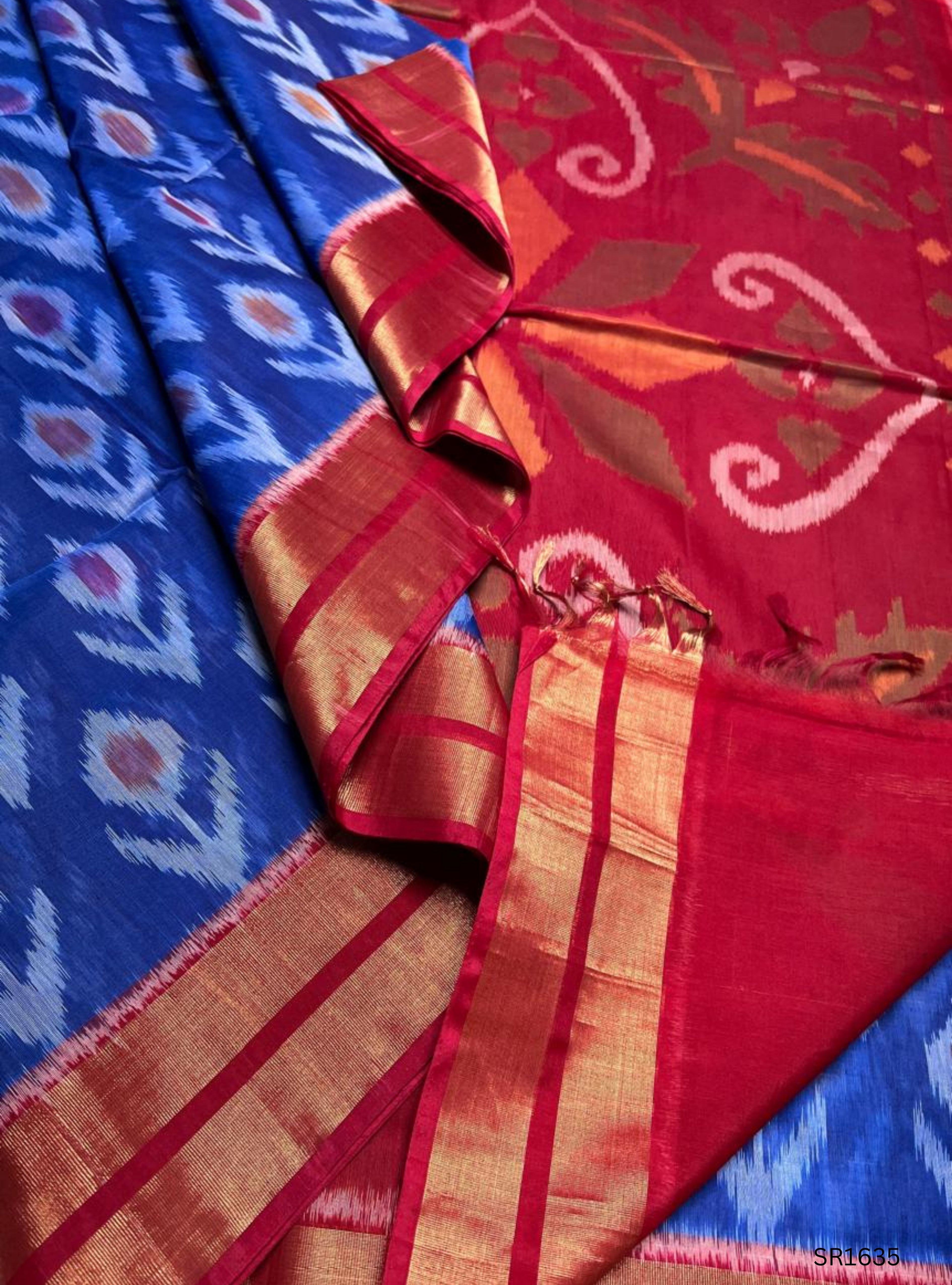 Blue , White & Red - Ikkat Kora Cotton Saree