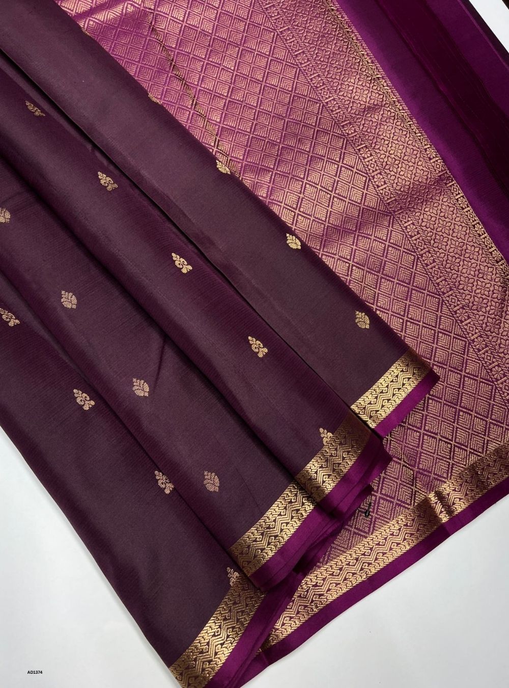 Dark Coffee Brown & Purple - Soft Silk Saree