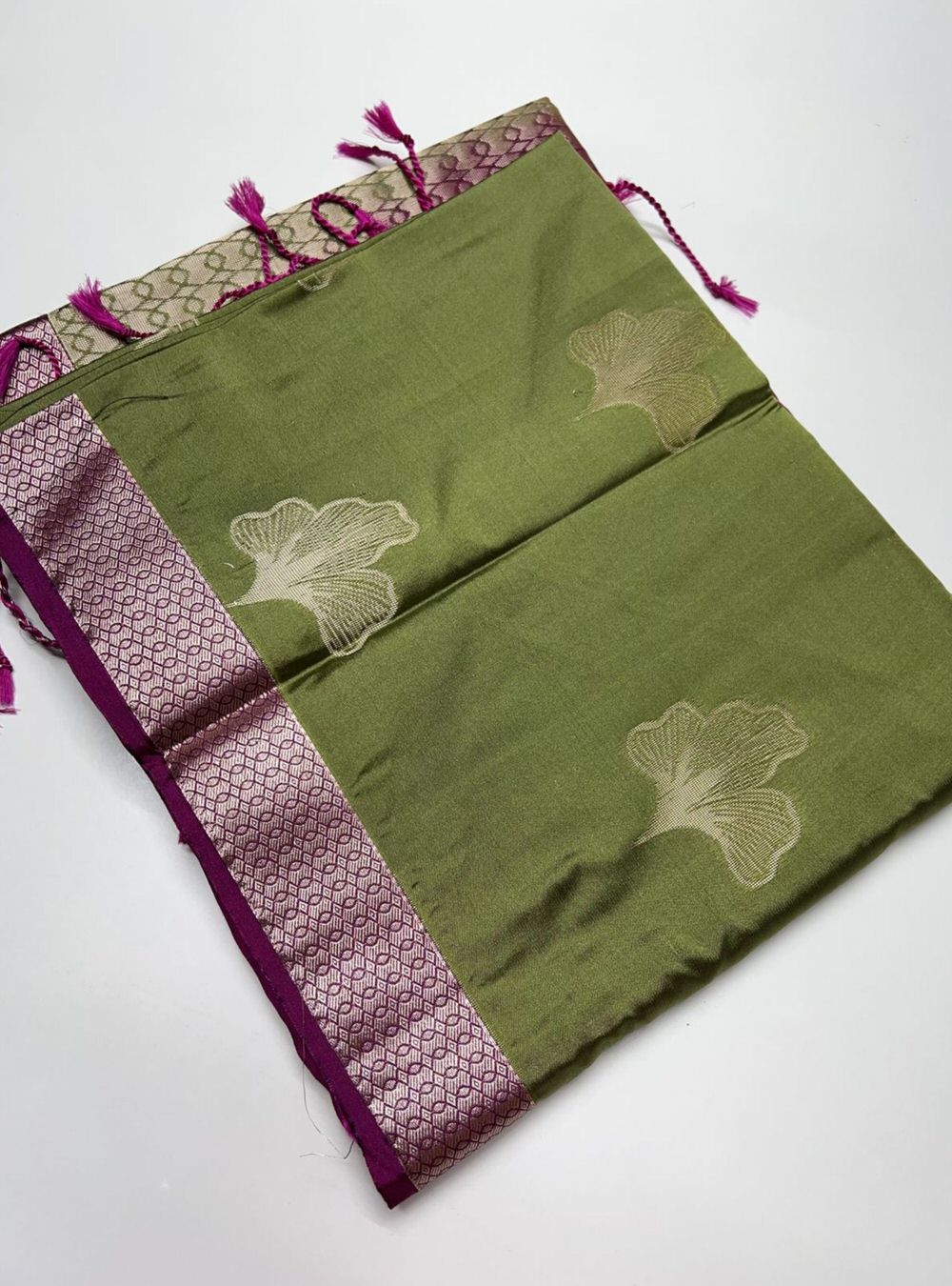 Light Olive Green & Magenta - Semi Silk Saree