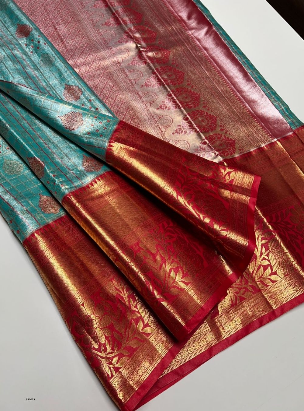 Teal & Red - Semi Kanjeevaram Saree