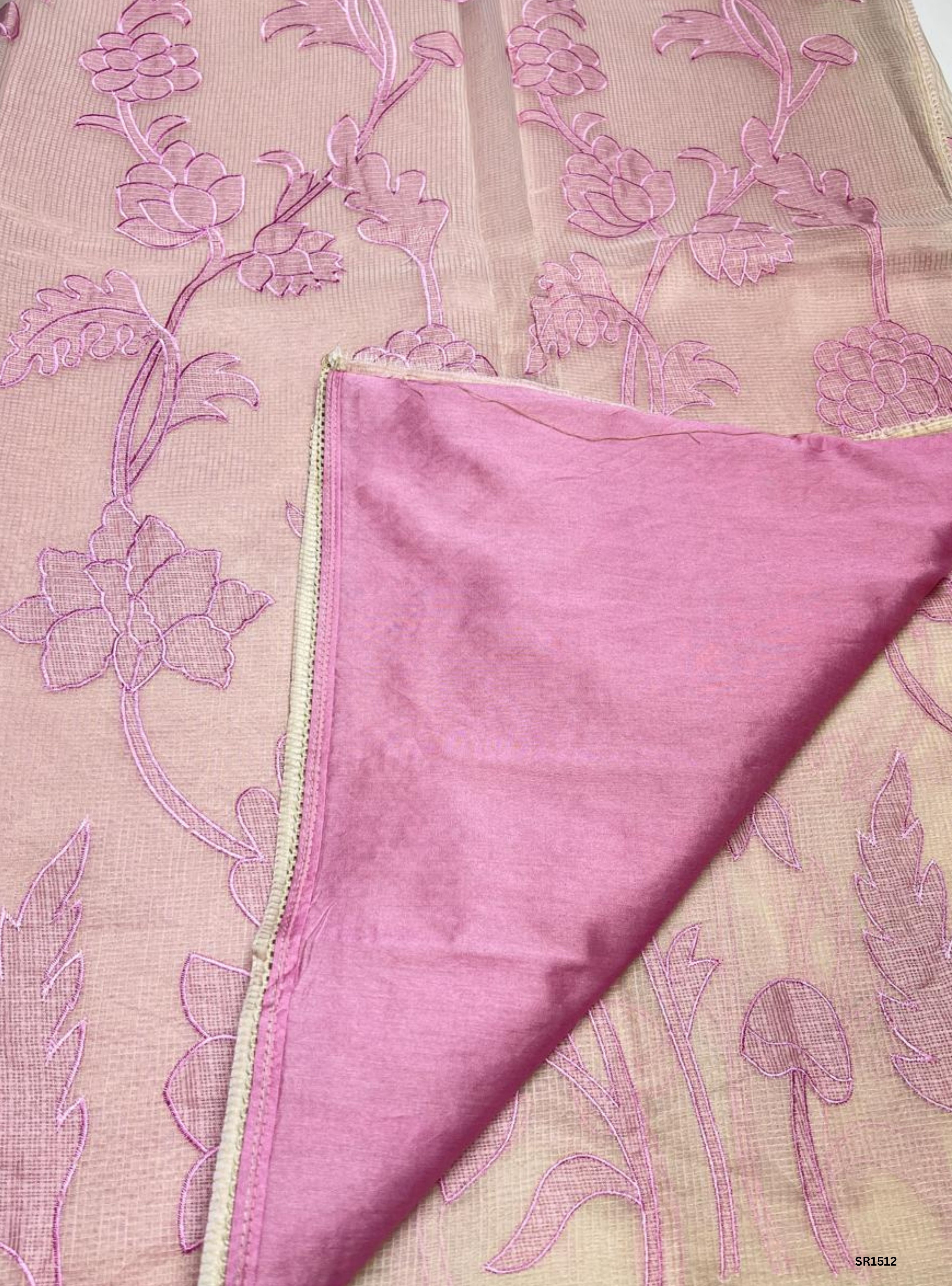 Cream & Pink - Kota Applique Work Saree