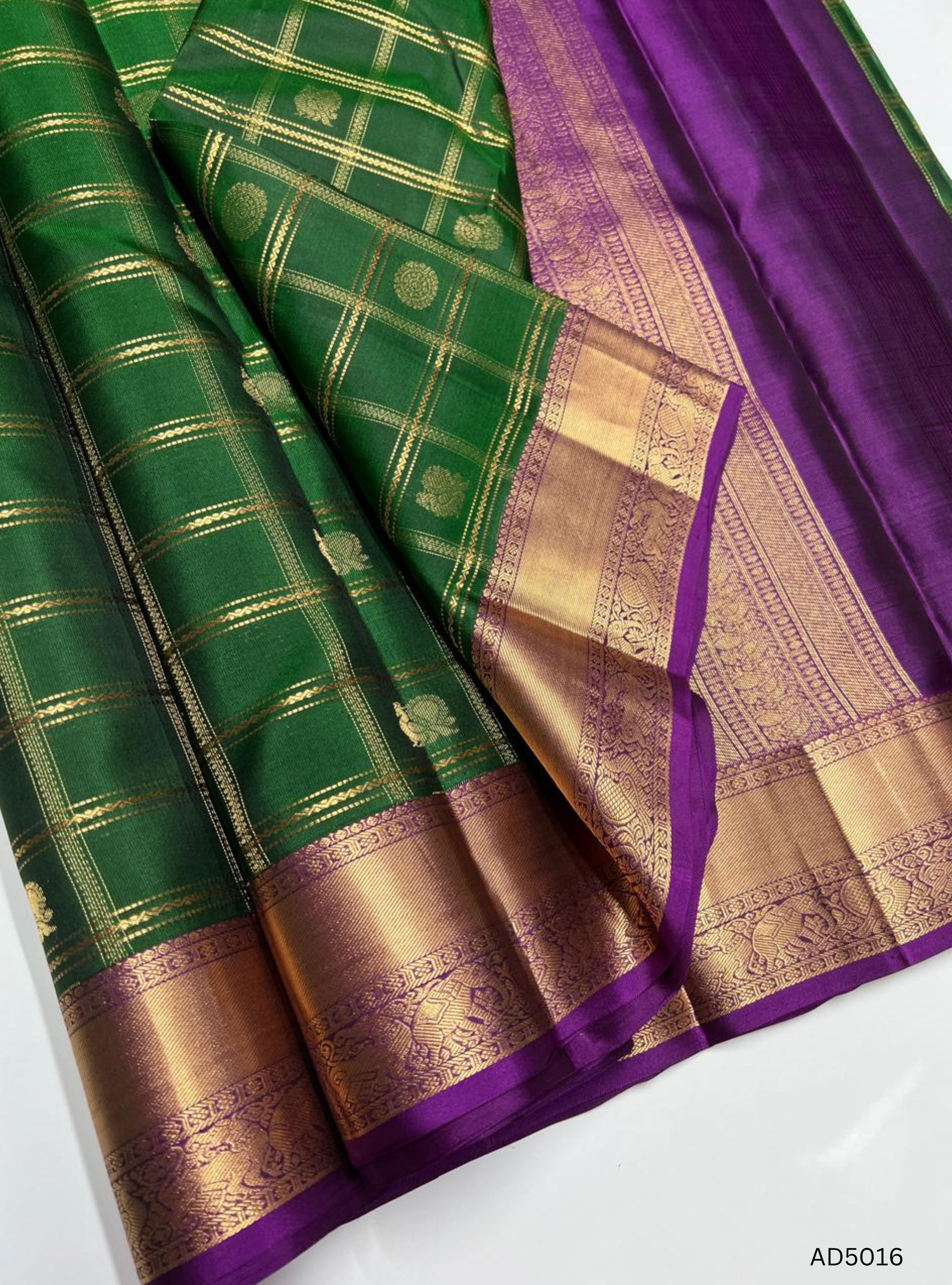 Bottie Green & Purple - Checkerd Retta Pet Border Soft Silk Saree