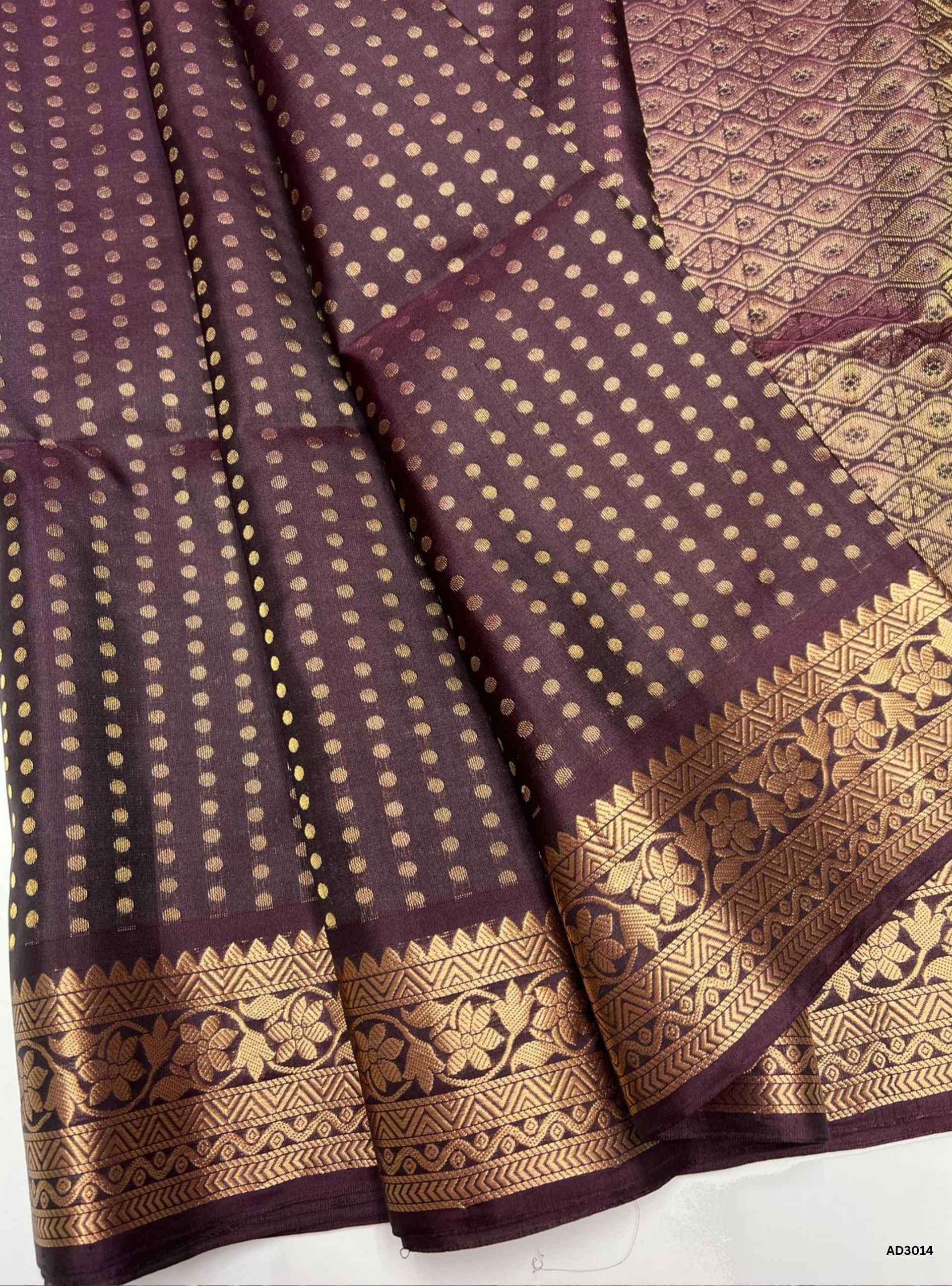 "Handwoven Coffee Brown Polka Dots Soft Silk Saree with gold zari jacquard border