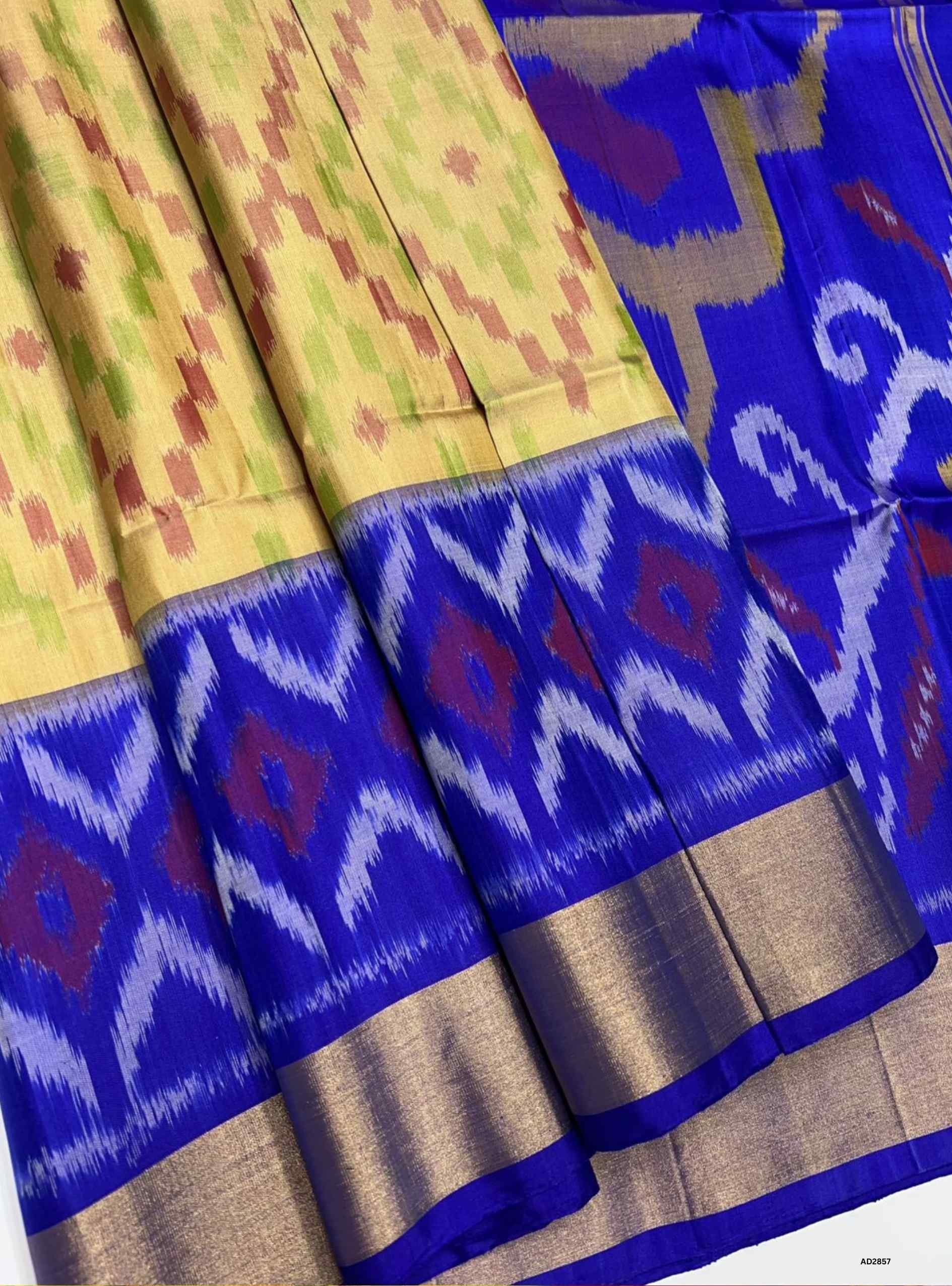 Pochampally Soft Silk Saree in Dark Cream body with Blue pallu, Ikat handwoven design, Half Fine Gold Zari, 6.25m length including blouse