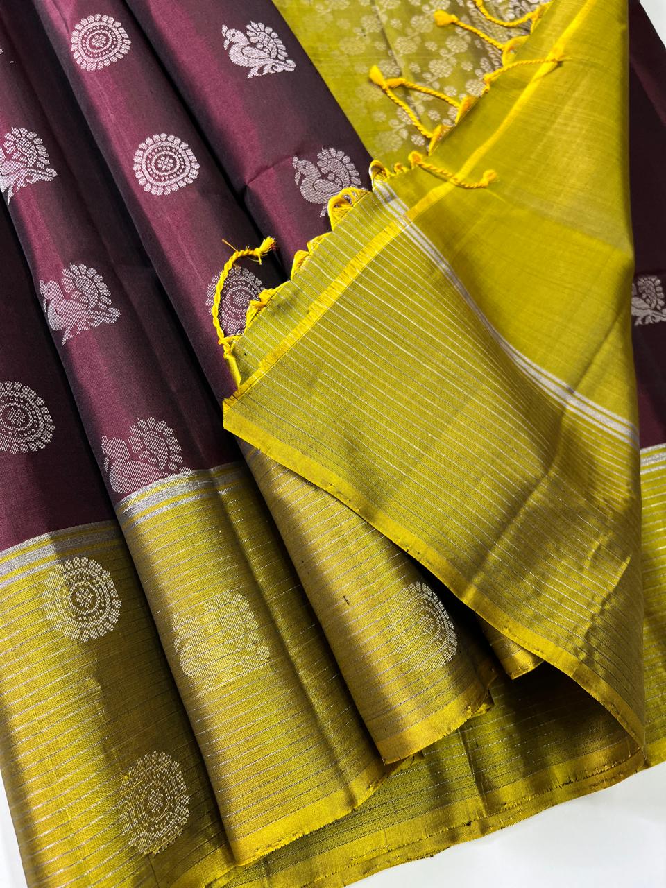 Coffee Brown & Olive Green - Soft Silk Saree