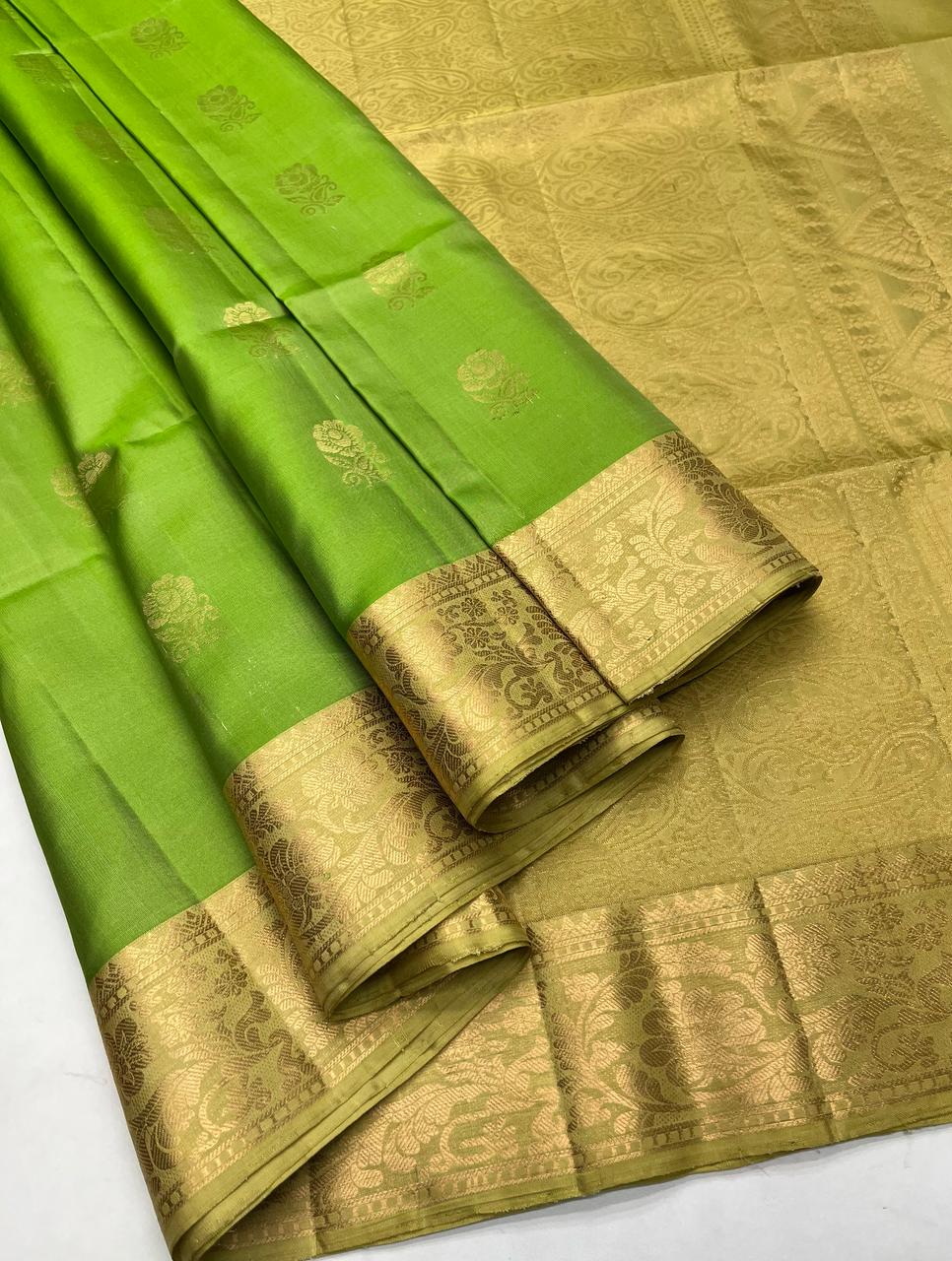 Leaf Green & Golden - Soft Silk Saree