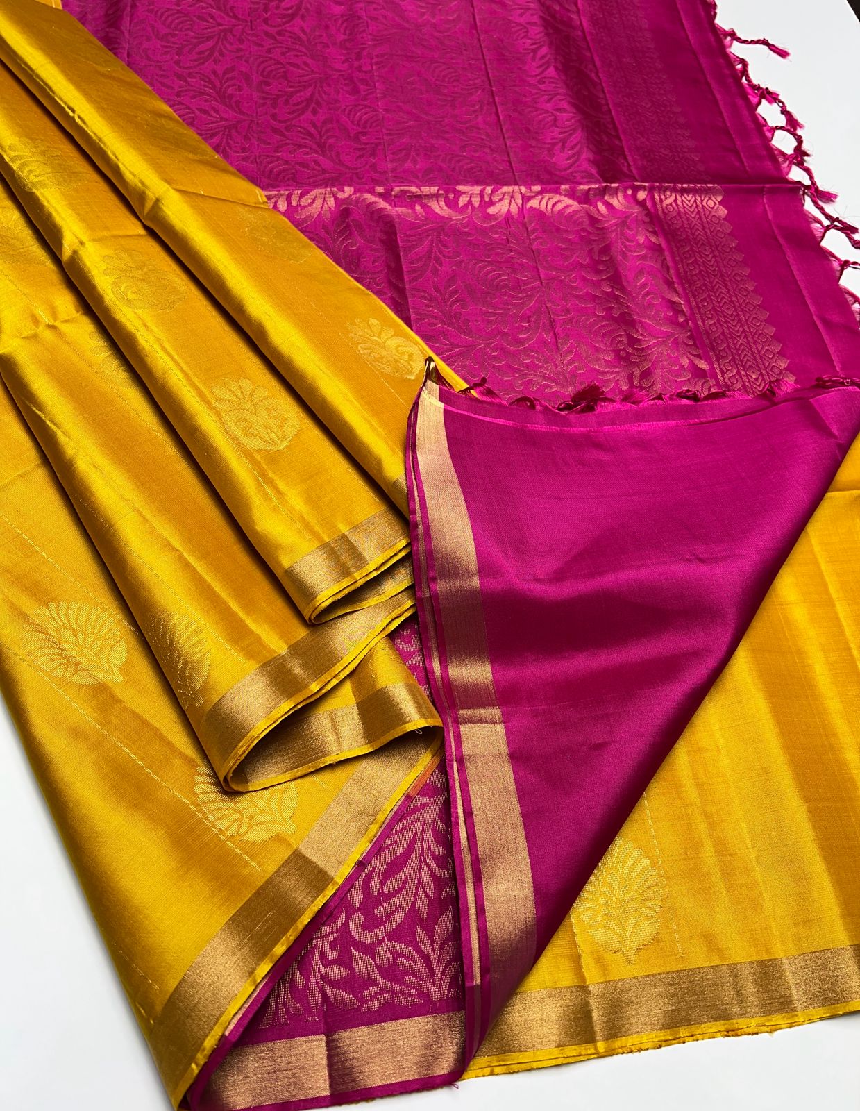 Mustard Yellow & Pink - Soft Silk Saree