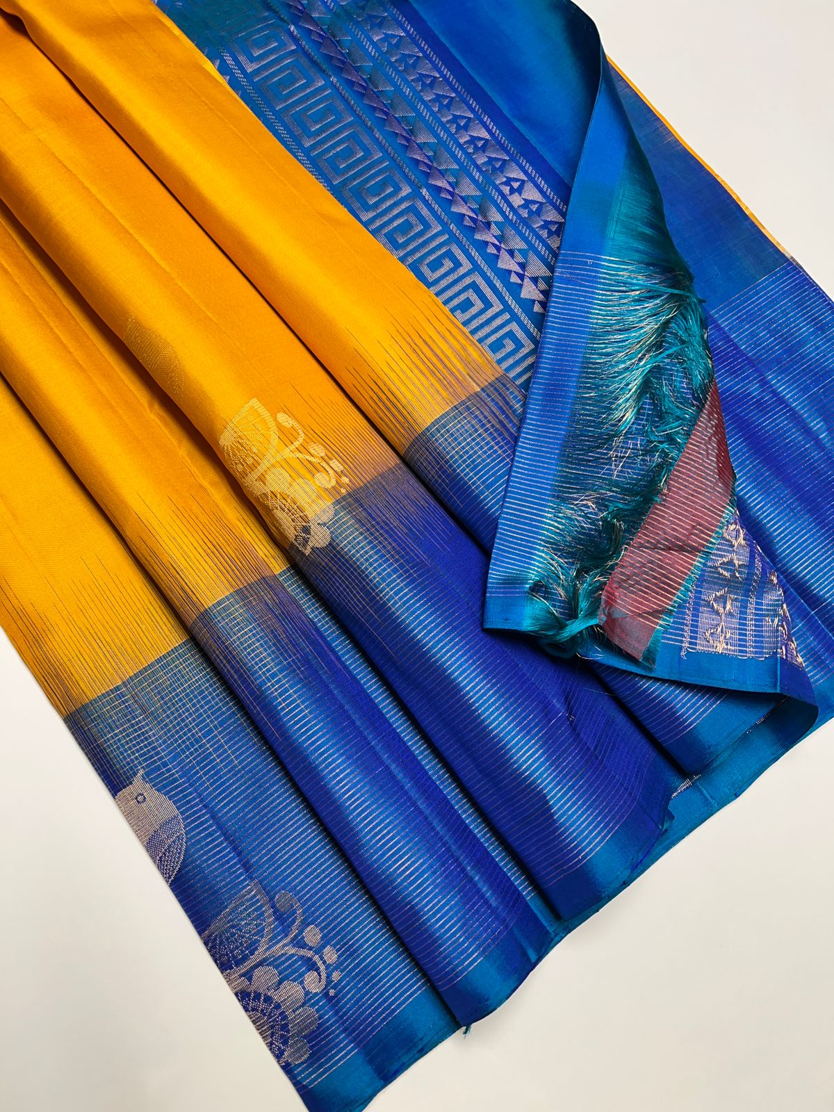 Yellow & Peacock Green - Soft Silk Saree