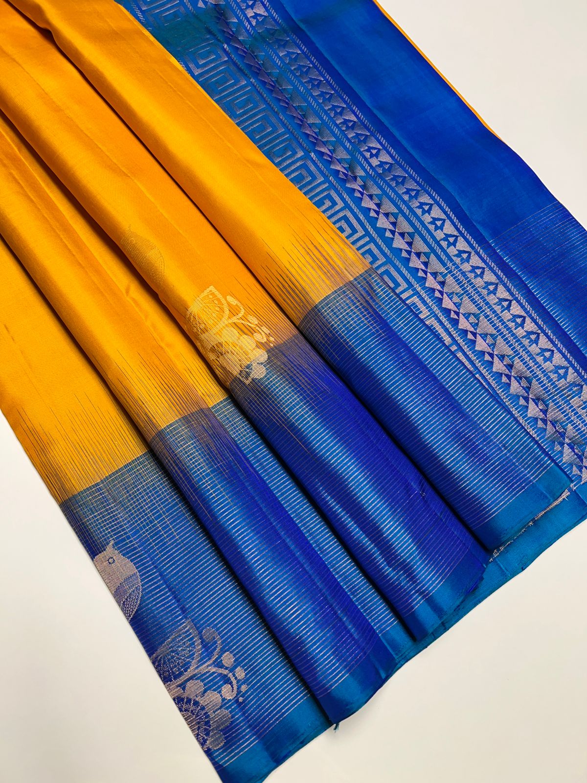 Yellow & Peacock Green - Soft Silk Saree