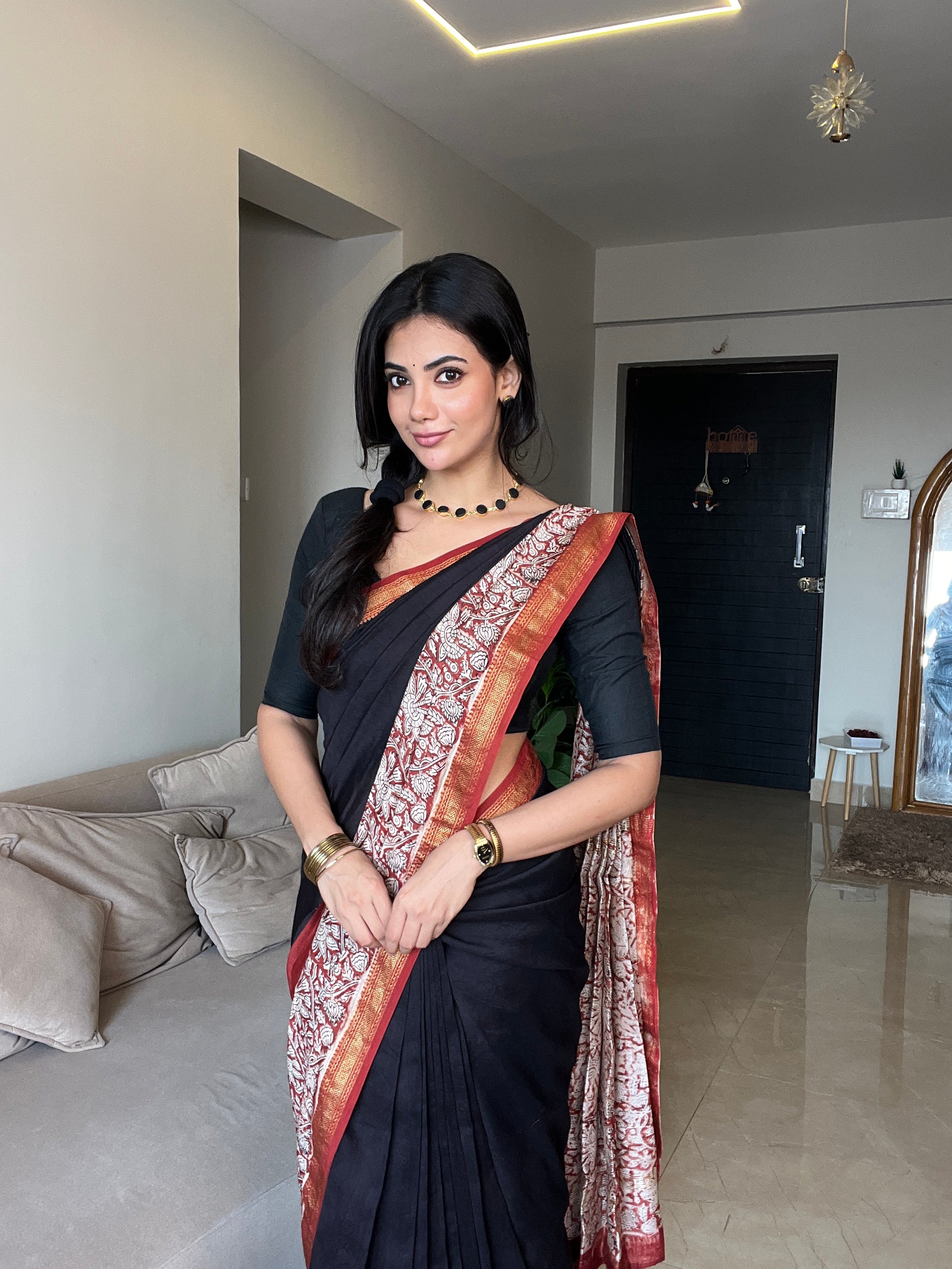 Black - Maheshwari Silk Cotton Saree