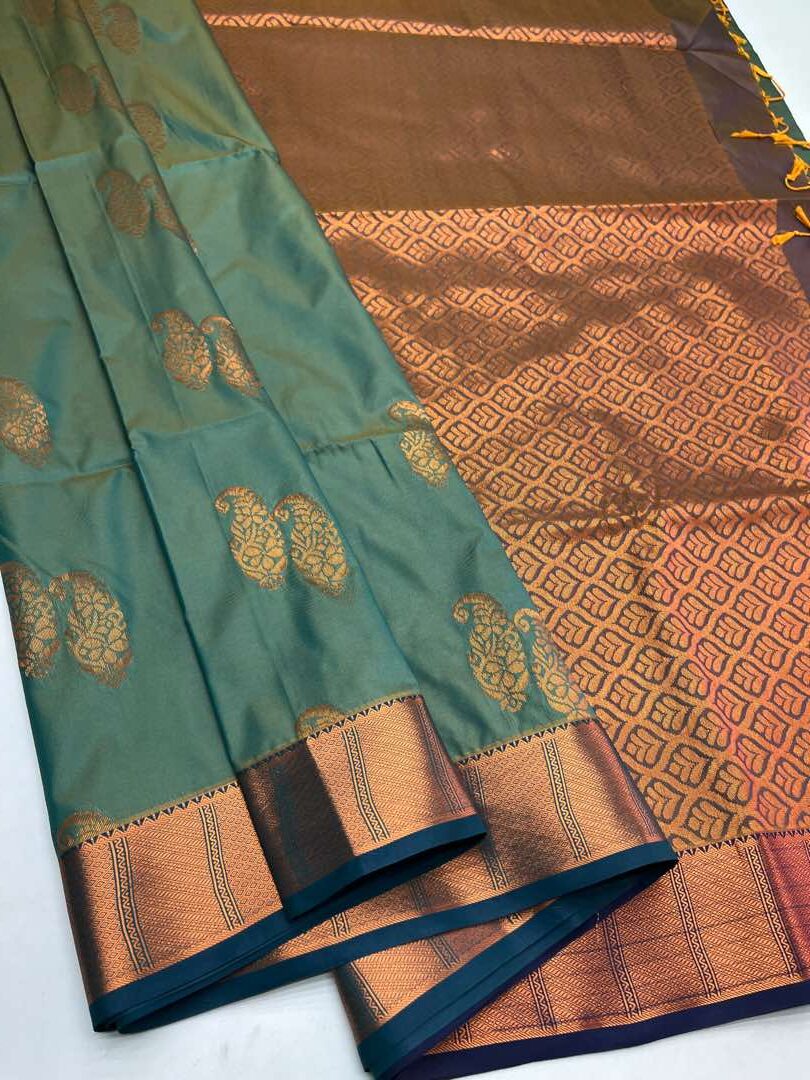 GREEN & YELLOW CROSS BLUE - SEMI SILK SAREE
