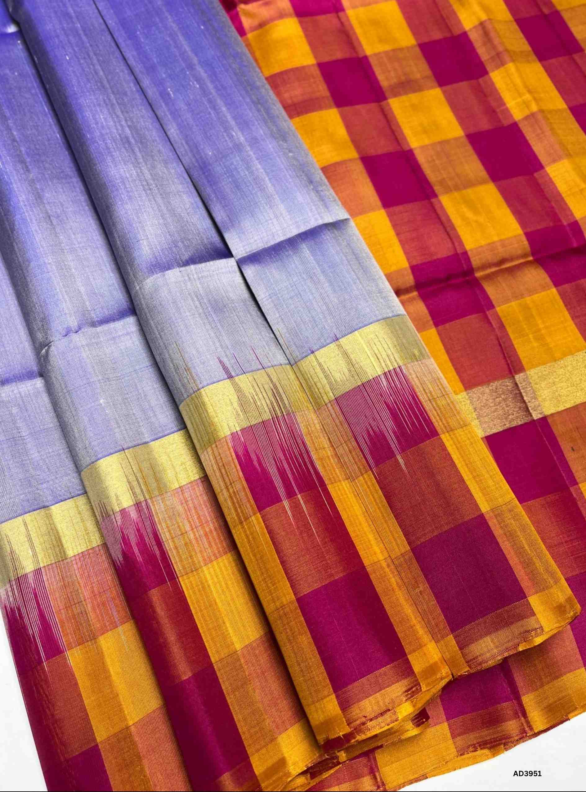 The Lavender, Pink & Yellow Pazhum Pazhamum Soft Silk Saree is a joyful handwoven creation inspired by the vibrancy of fruits and festive hues. The soothing lavender shade adds elegance, the lively pink radiates feminine charm, and the bright yellow symbolizes prosperity and auspiciousness. Together, they form a playful yet regal palette that reflects the essence of celebration. Enhanced with zari borders and a lustrous drape, this saree is perfect for weddings, temple ceremonies, and cultural festivities,