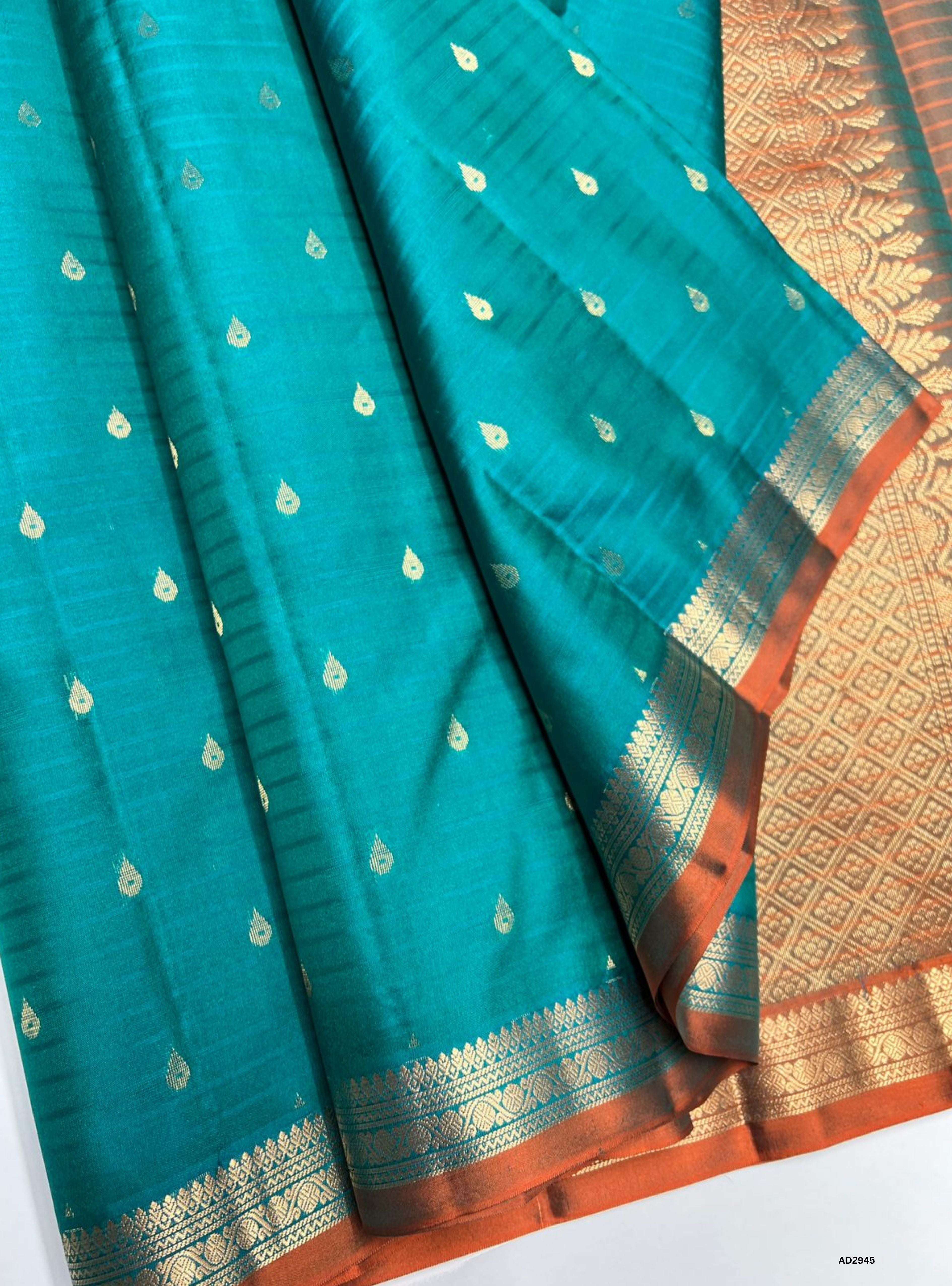 Handwoven Rama Blue & Orange Small Jacquard Border Soft Silk Saree with gold zari motifs and blouse"