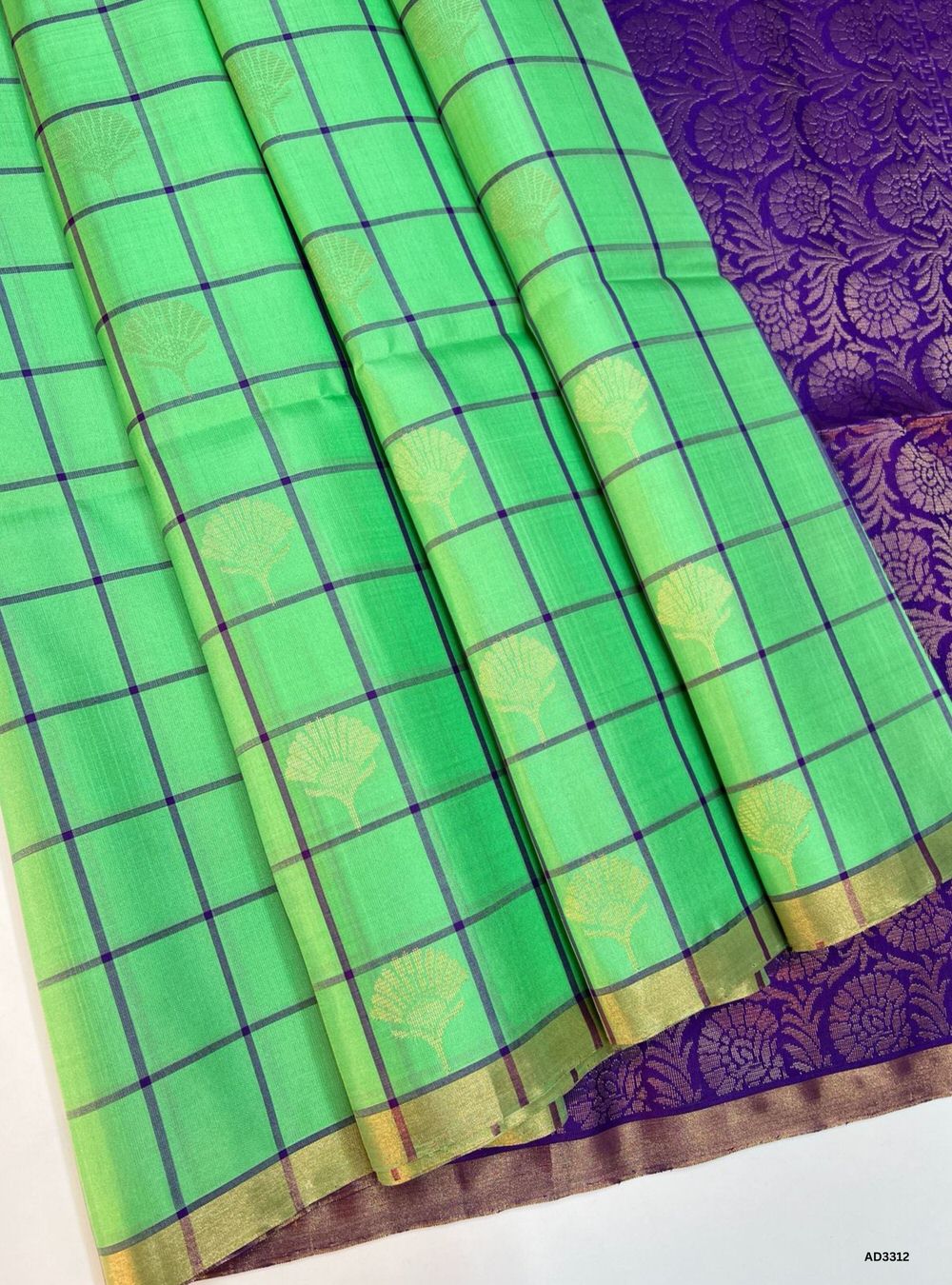 Handwoven Rexona body with Purple pallu Checkered Bhutta Soft Silk Saree featuring gold zari motifs and borders"