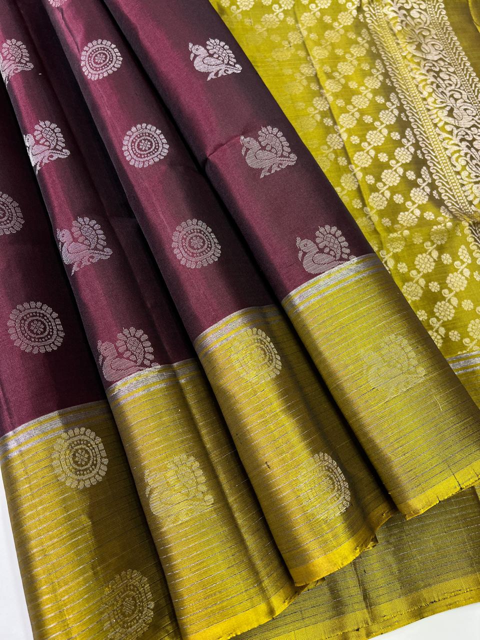 Coffee Brown & Olive Green - Soft Silk Saree