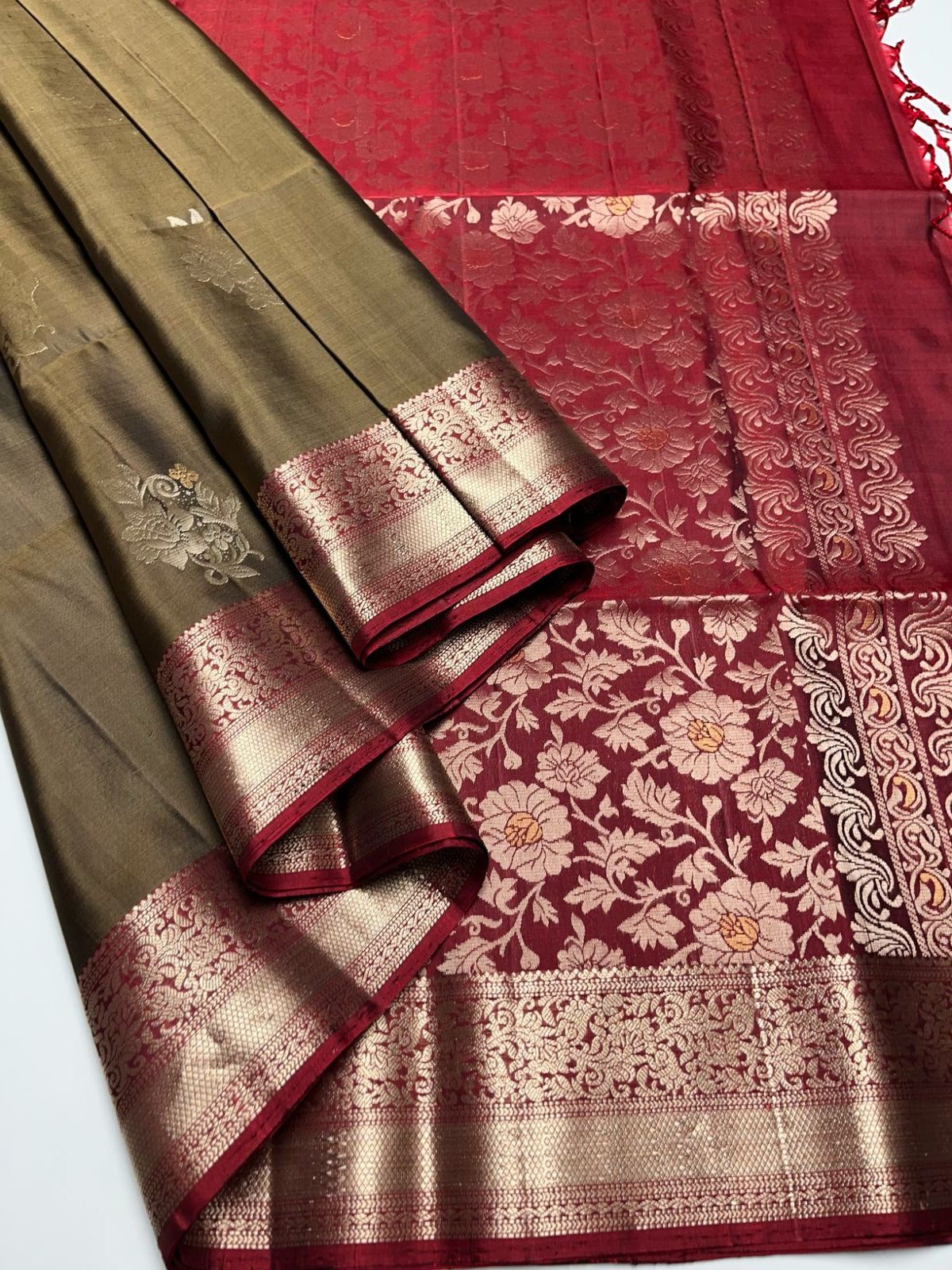 Sage Green & Maroon - Soft Silk Saree