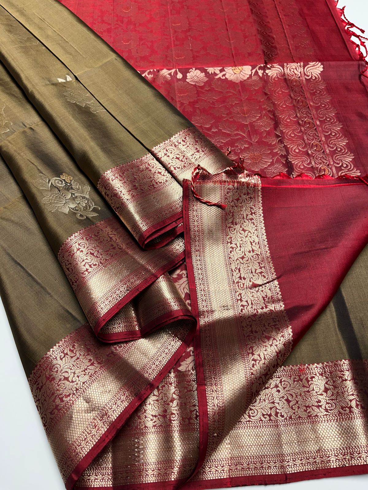 Sage Green & Maroon - Soft Silk Saree
