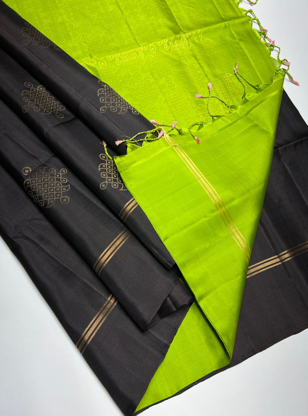 Dark Coffee Brown & Green - Soft Silk Saree