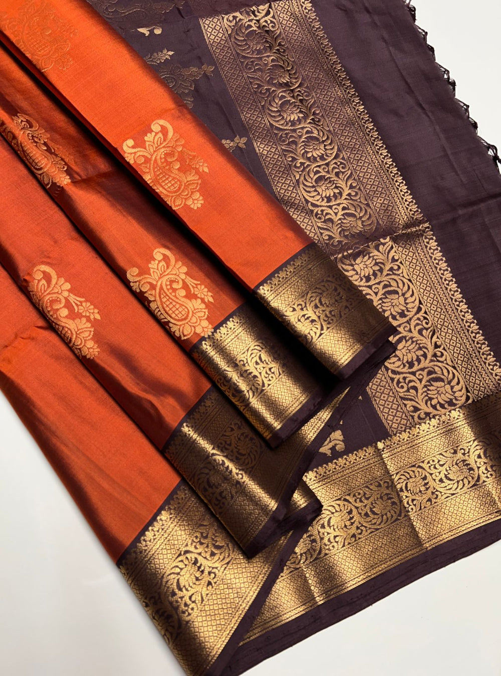 Rust Orange & Dark Coffee Brown - Soft Silk Saree