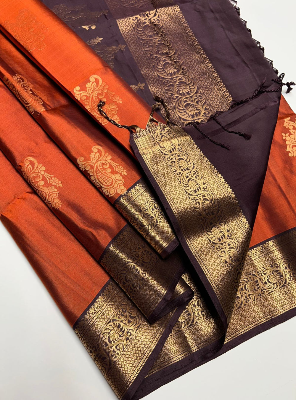 Rust Orange & Dark Coffee Brown - Soft Silk Saree