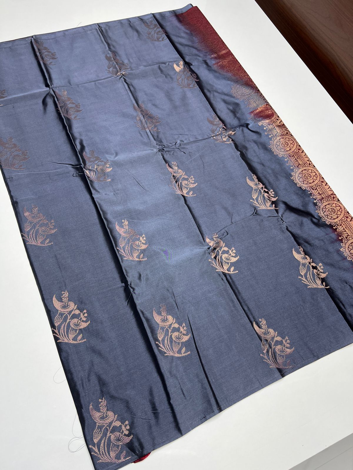 Grey & Maroon  - Semi Silk Saree