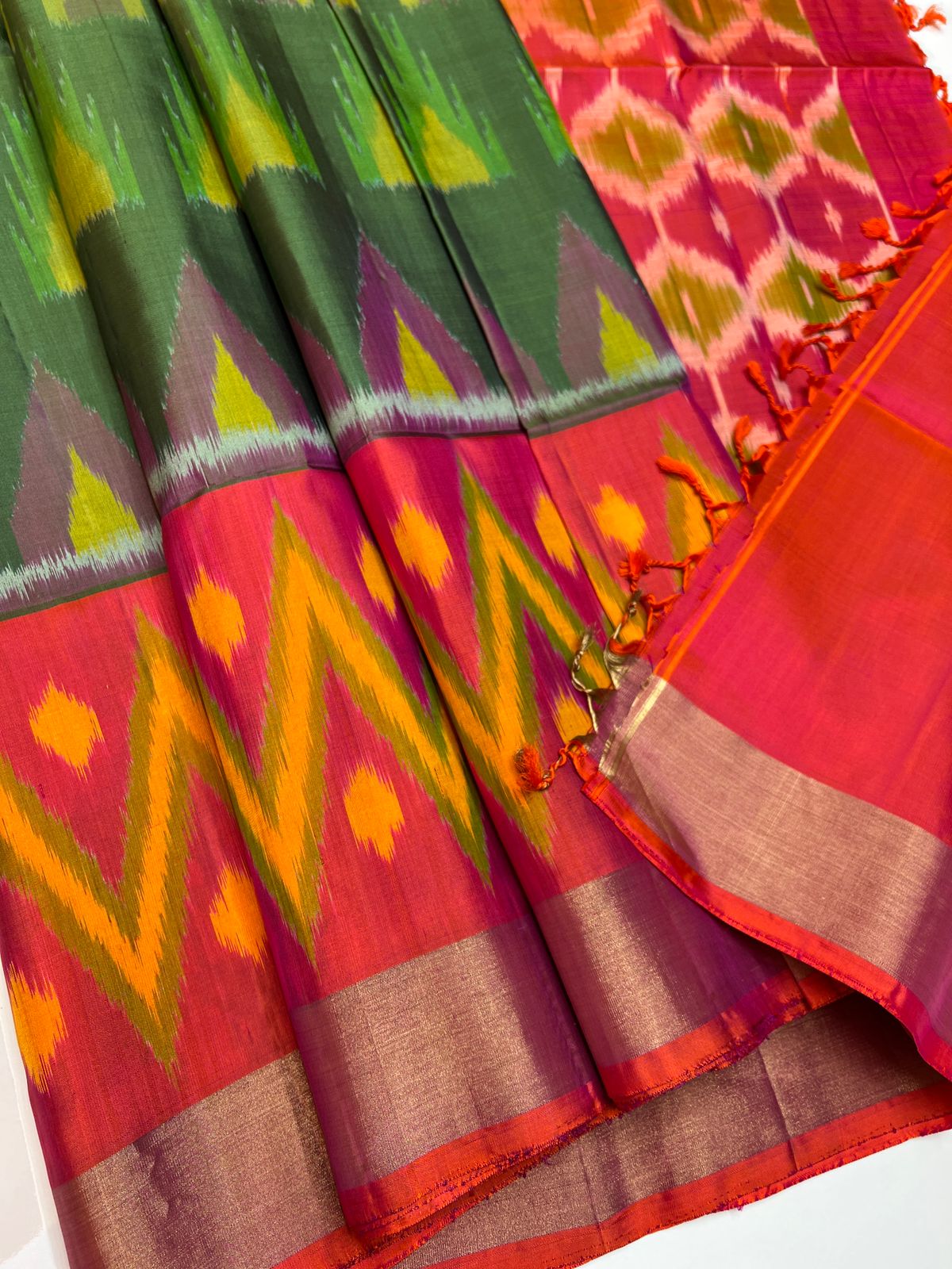 Dark Green & Orangish Pink - Soft Silk Saree