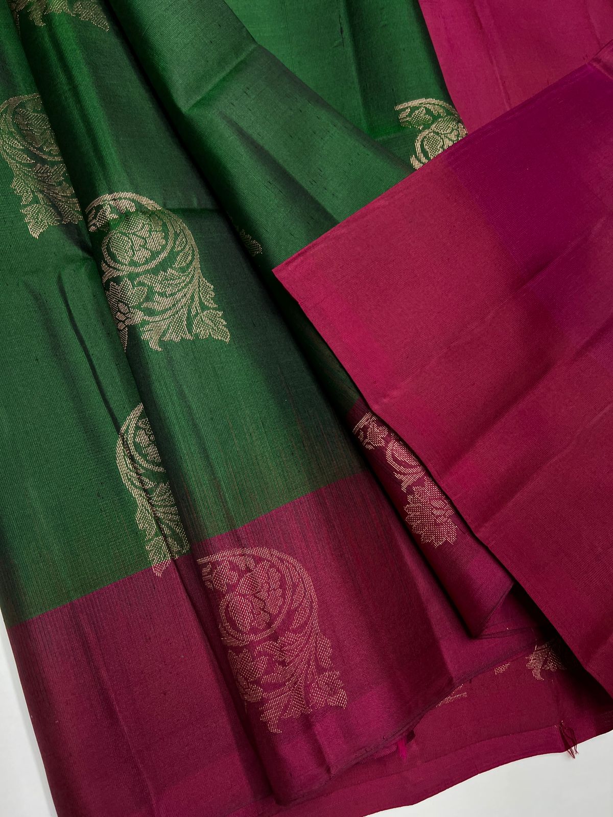 Bottle Green & Dark Pink - Soft Silk Saree