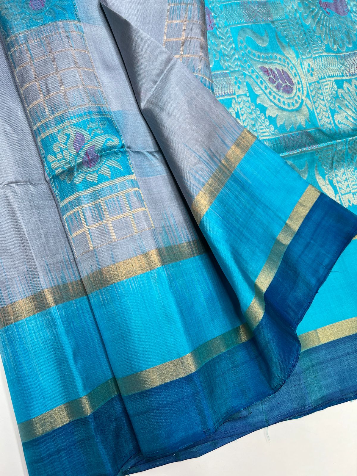 Grey & Sky Blue - Soft Silk Saree