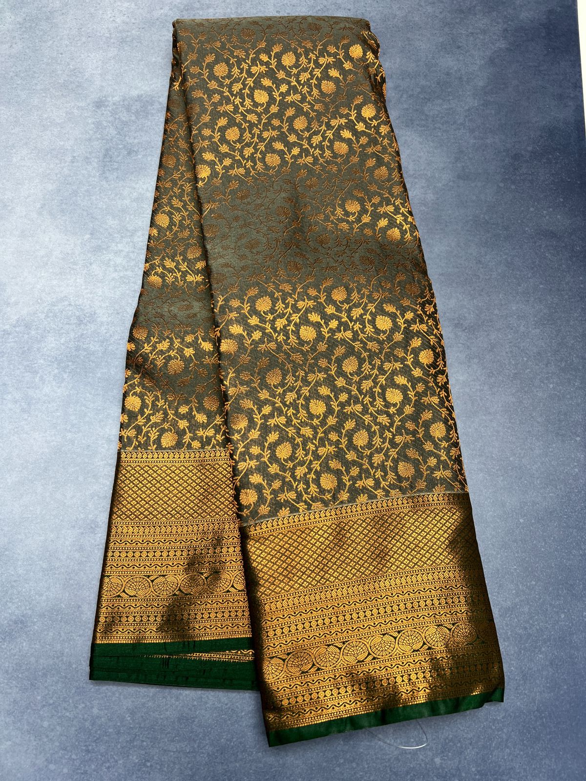 Grey & Dark Green - Semi Silk Saree