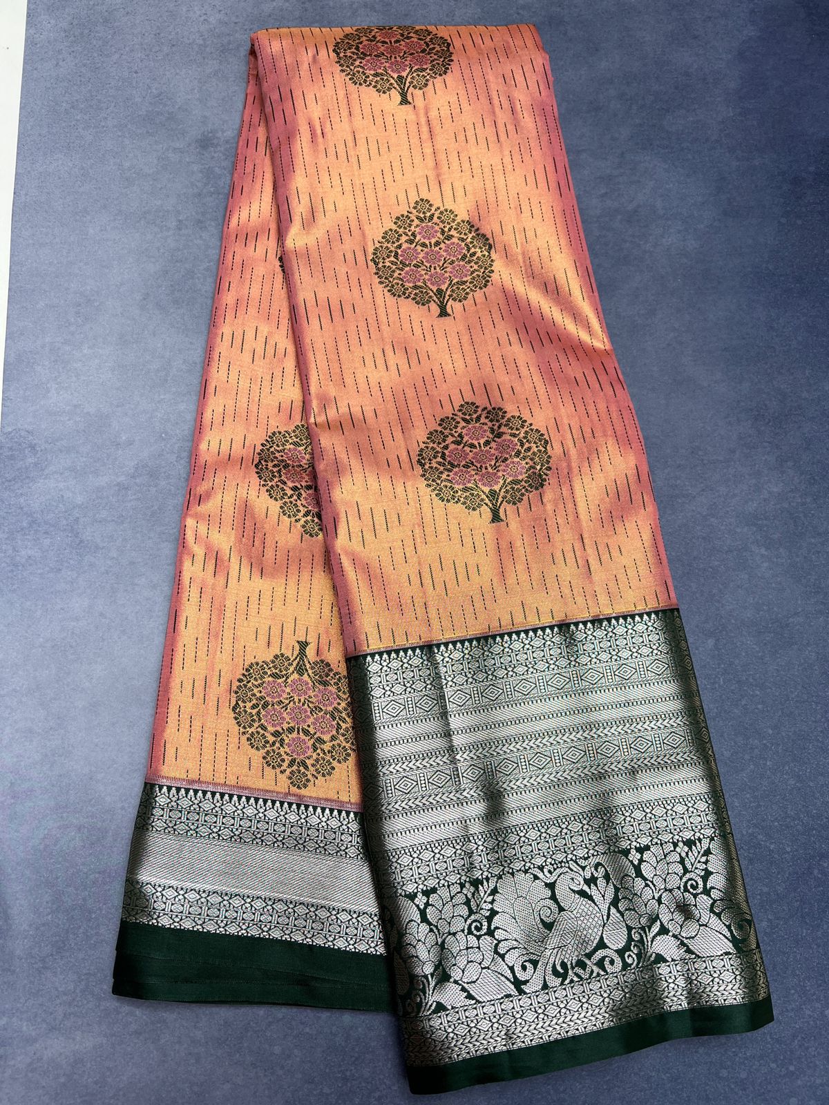 Peach & Green - Semi Silk Saree