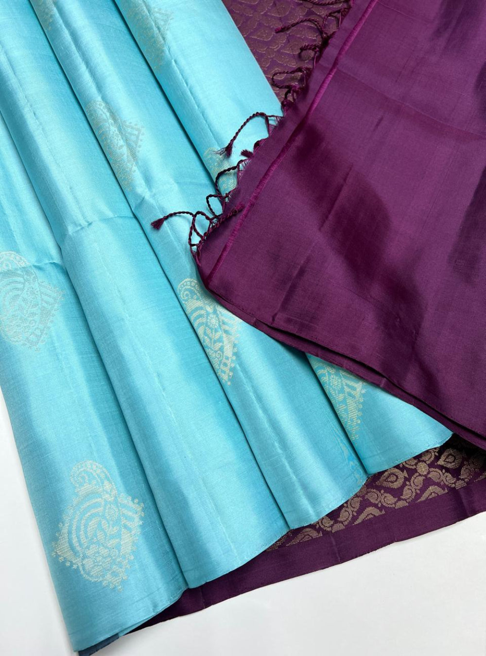 Sky Blue & Plum - Bhutta Soft Silk Saree