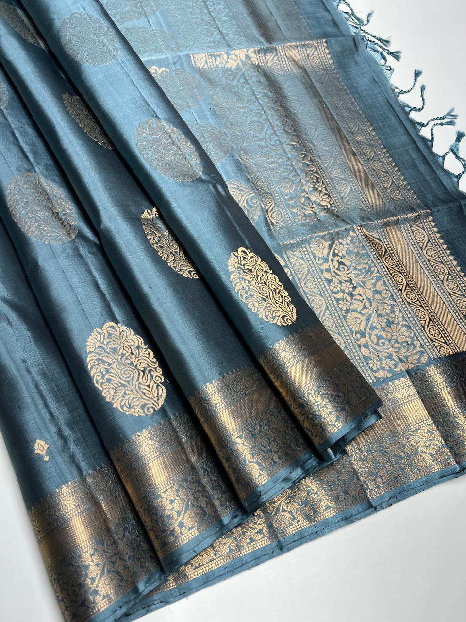 Slate Grey - Kanchi Border Soft Silk Saree