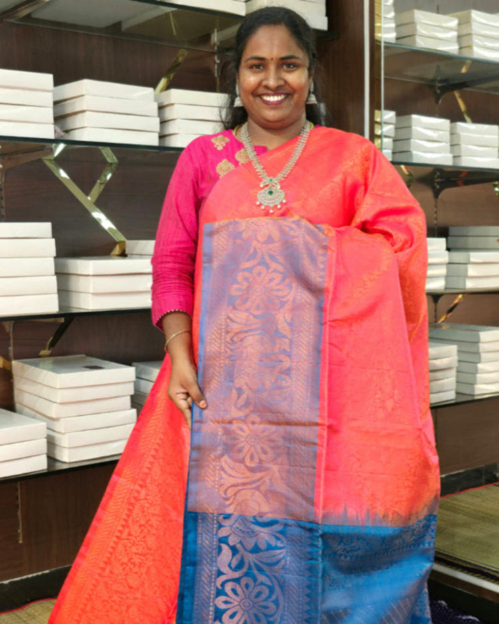 Orangish Pink & Peacock Blue - Soft Silk Saree