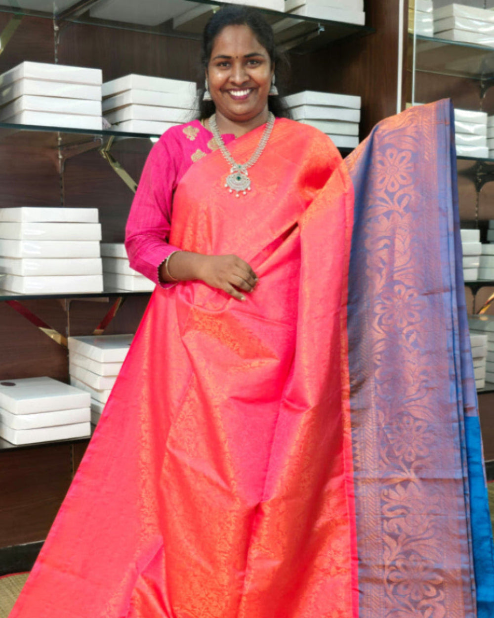 Orangish Pink & Peacock Blue - Soft Silk Saree